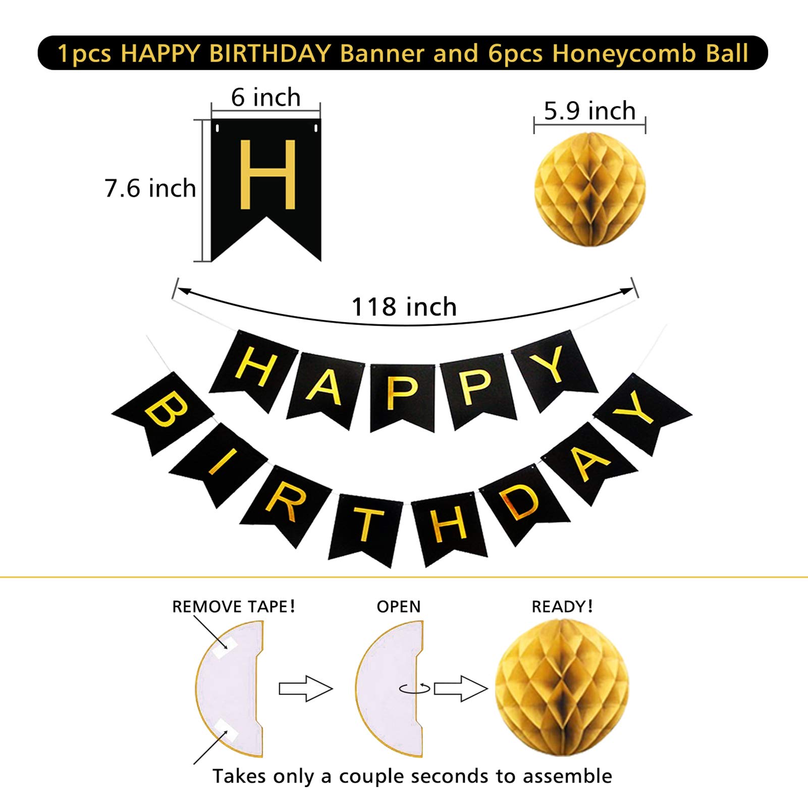 Black & Gold Birthday Decorations Set - Happy Birthday Banner, Paper Pom Poms, Circle Garland & Hanging Swirls for Party Decor | Perfect for Adult Birthday Parties, Anniversary Celebrations & Elegant Events