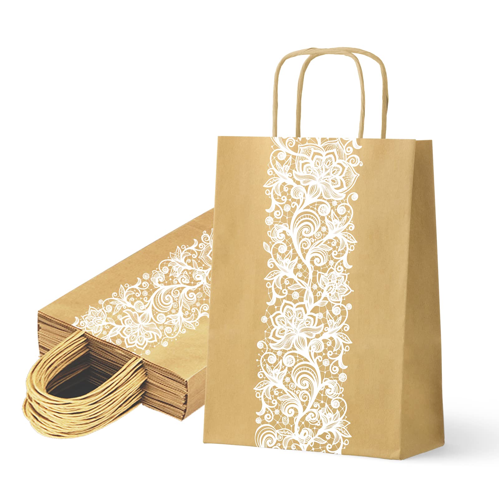 Eco-Friendly Brown Kraft Paper Gift Bags with Lace Print - 5.25