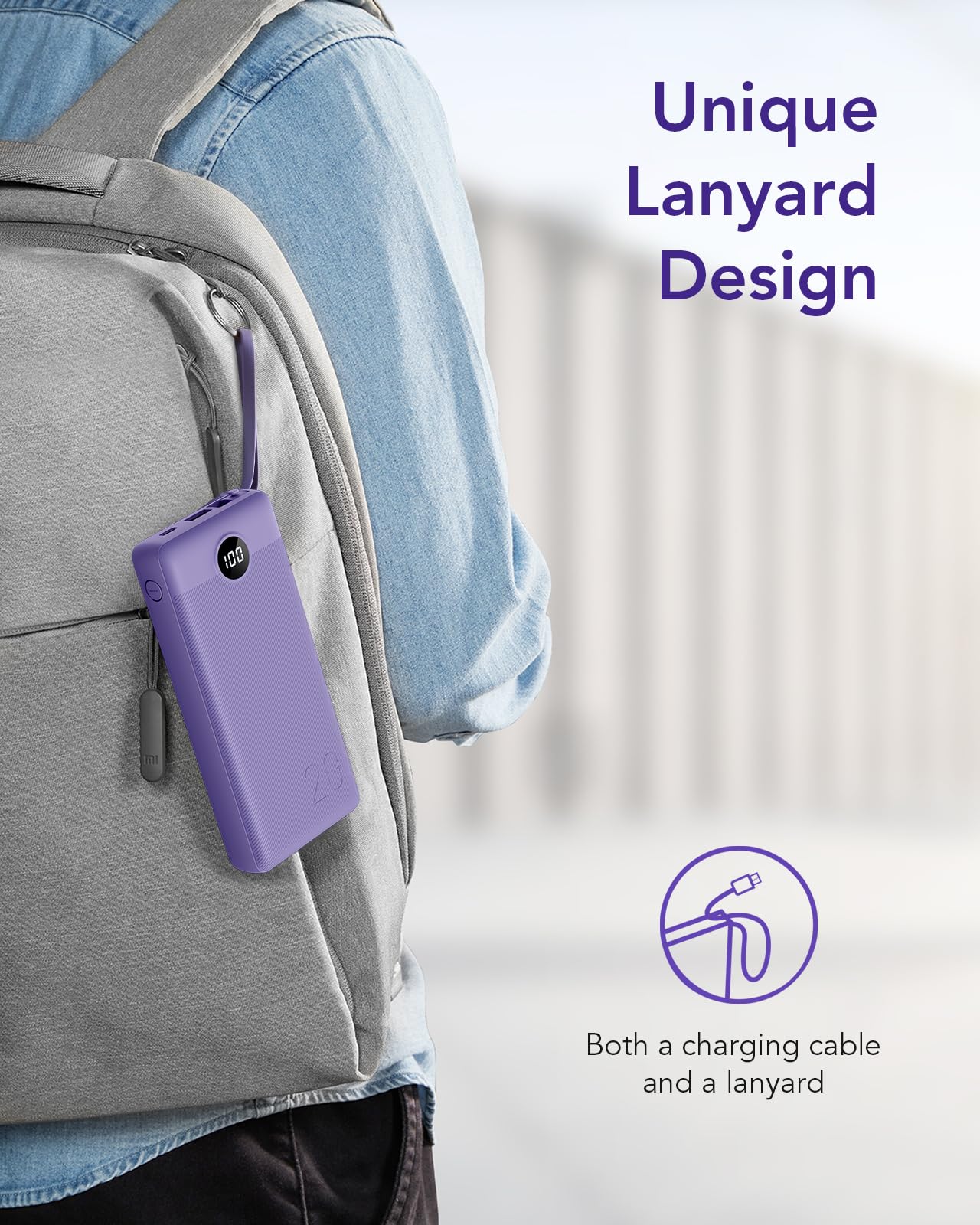 VRURC 20000mAh Portable Charger with Built-in Cables - 22.5W Fast Charging Power Bank with LED Display, 4 Outputs & 2 Inputs for iPhone 15/14/13/Pro, Samsung & Android Devices - Purple (1 Pack) | Perfect for Travel, Camping & Emergency Power Backup