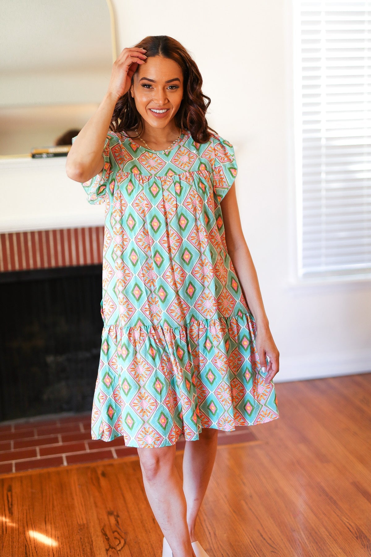 Boho Print Yoke Poplin Woven Dress - Floral Geometric Summer Dress for Women | Perfect for Beach Vacations, Music Festivals & Casual Outings