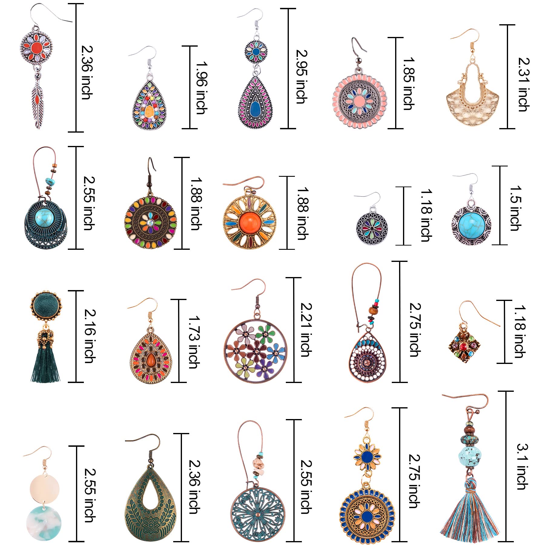 Duufin 20 Pairs Bohemian Earrings for Women - Vintage Drop Dangle Earrings Set, Alloy Long Boho Statement Jewelry | Perfect for Festivals, Parties & Everyday Boho Fashion