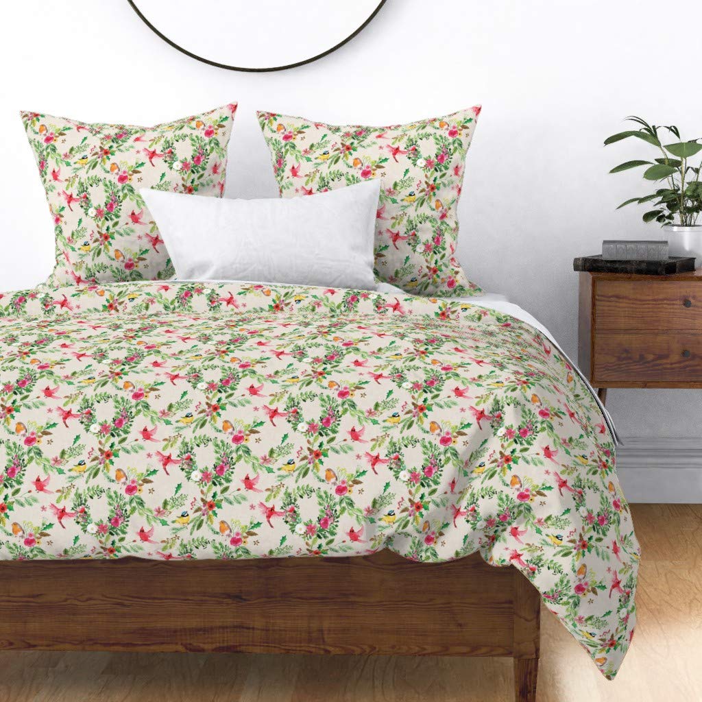 Custom Cotton Sateen Duvet Cover Twin Size - Vintage Forest Floral Wreath Christmas Design with Red White Flowers & Pine Berries | Festive Holiday Bedding for Cozy Winter Decor