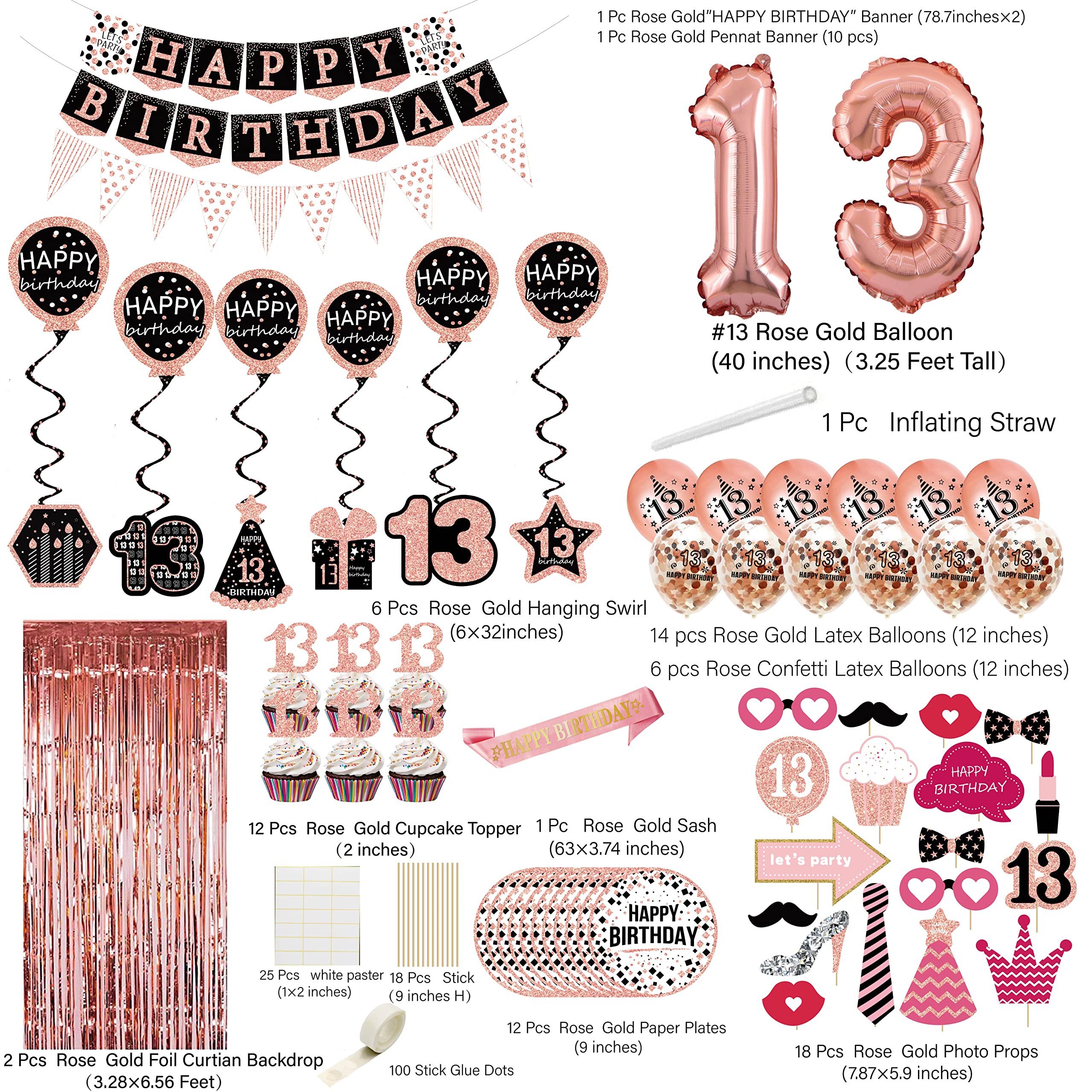 Rose Gold 13th Birthday Party Decorations for Girls - Happy Birthday Banner, Balloons, Party Supplies | Perfect for Teen Birthday Celebrations & Decor