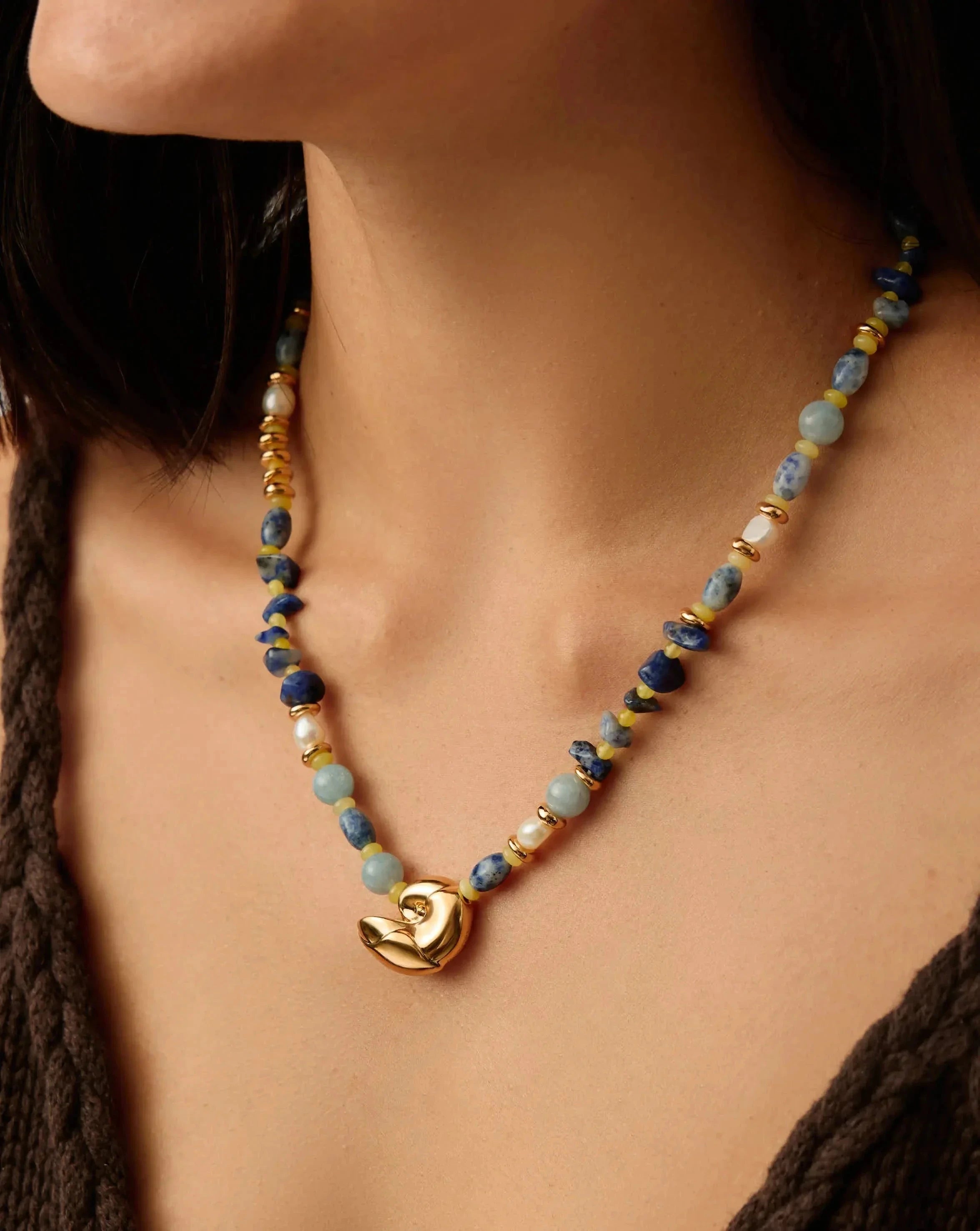 18k Gold Plated Multi Gemstone Shell Statement Beaded Necklace for Women - Elegant Boho Jewelry for Beach Parties, Weddings & Everyday Wear