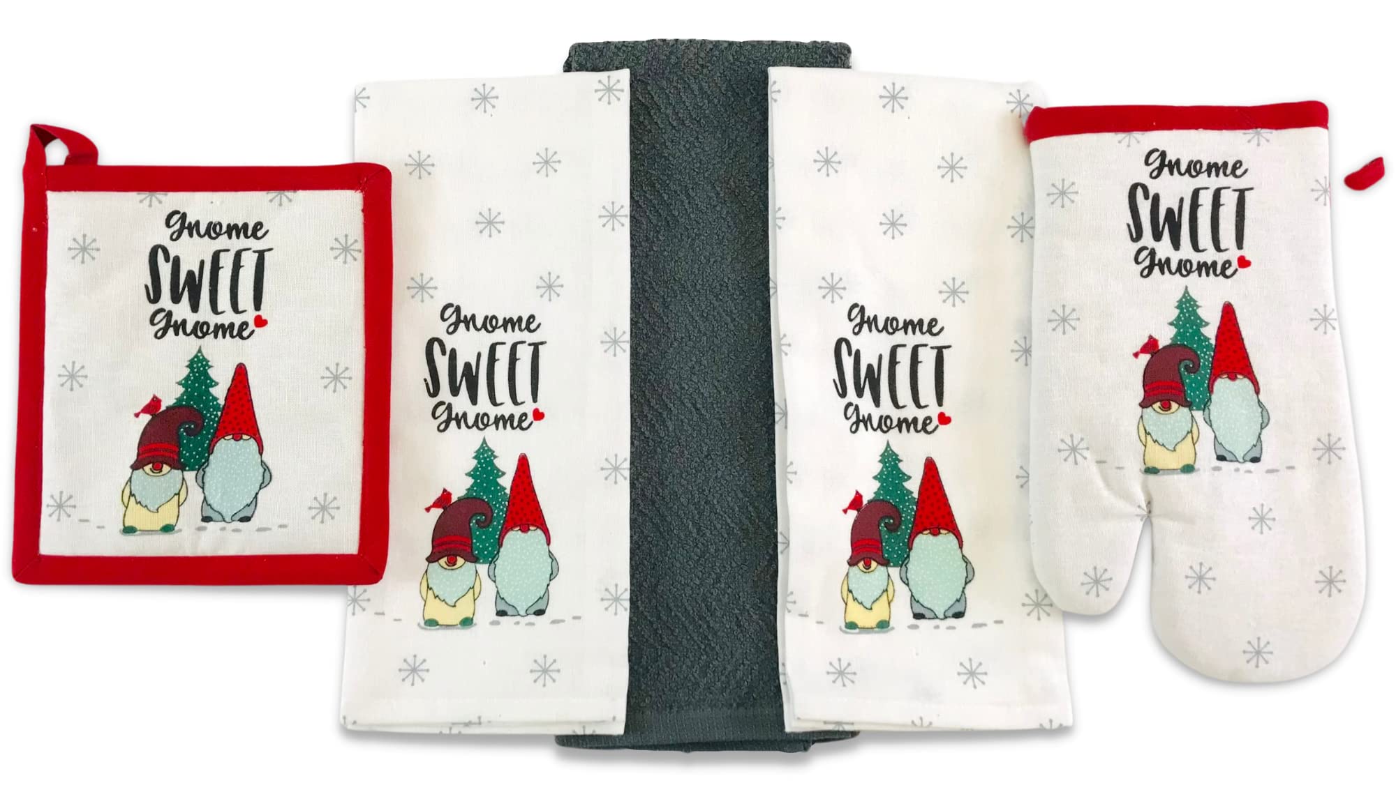Christmas Gnomes Kitchen Towel, Pot Holder & Oven Mitt Set - Holiday Gnome Decor for Baking, Cooking & Winter Home Decor - Perfect Gift for Christmas & Housewarming