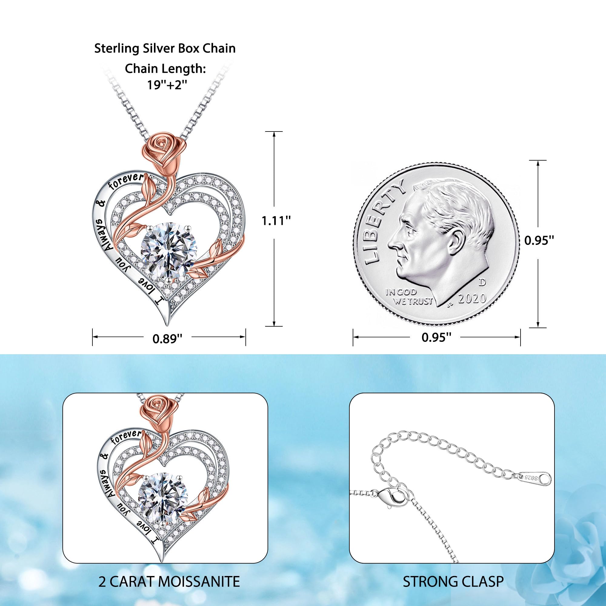 MOOSEA 1-3 ct D Color VVS1 Moissanite Rose Heart Necklace - Anniversary & Birthday Gift for Wife, Girlfriend, Women | Perfect for Valentine's Day, Wedding, Proposal & Romantic Occasions