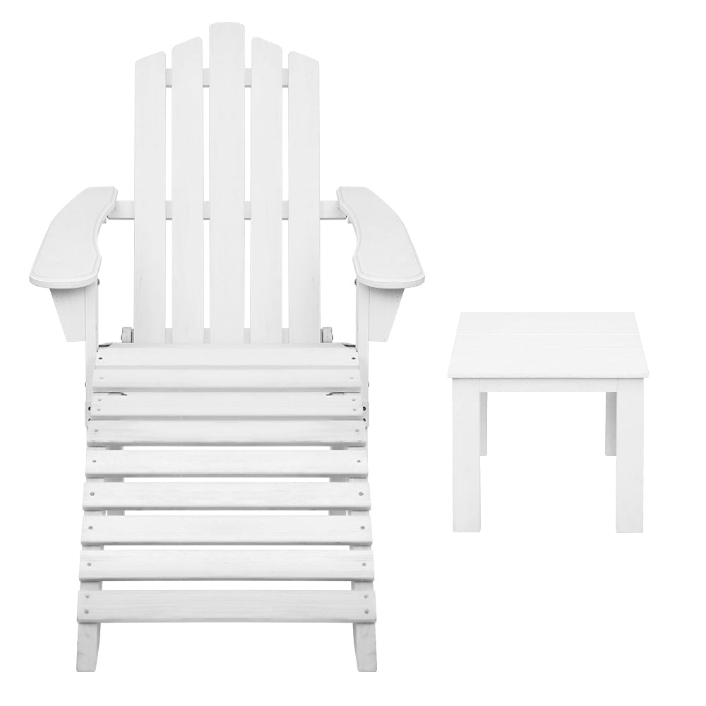 5-Piece White Wooden Adirondack Outdoor Table and Chairs Set - Patio Sun Lounge Furniture for Backyard, Garden, Poolside Relaxation
