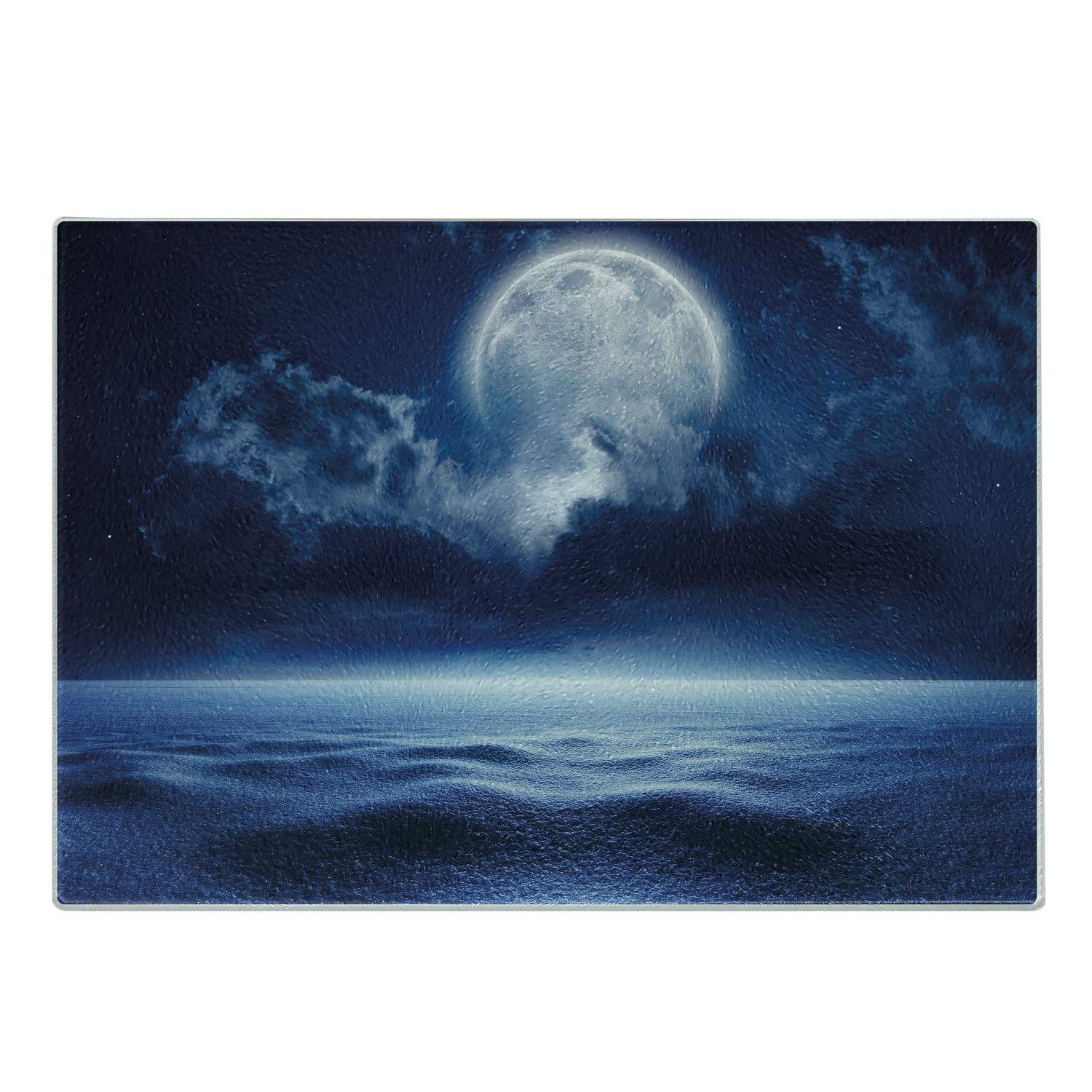 Ambesonne Moon Tempered Glass Cutting Board - Full Moon with Calm Sea and Clouds Design - Navy Blue & White Small Decorative Serving Board for Kitchen, Charcuterie, Cheese Display, and Party Appetizers