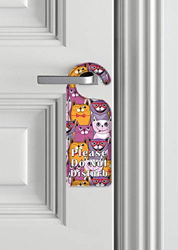 Art Plates Do Not Disturb Door Knob Hanger Sign - Pink, Purple & Orange Cat Design for Bedroom, Hotel & Office Privacy