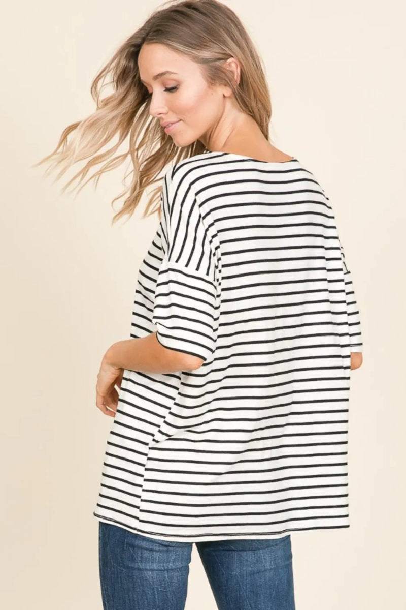 BOMBOM Striped Round Neck T-Shirt for Men & Women | Casual Comfort Fit Cotton Tee | Perfect for Everyday Wear, Outings & Relaxing