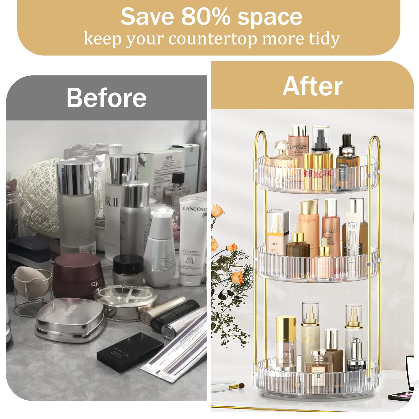 MOKANI 360° Rotating Makeup Organizer - 3-Tier Adjustable Spinning Cosmetic Storage for Perfume, Skincare & Beauty Products | Clear Acrylic Vanity Organizer for Bedroom, Dresser, Bathroom Countertop | Perfect for Makeup Lovers & Beauty Enthusiasts