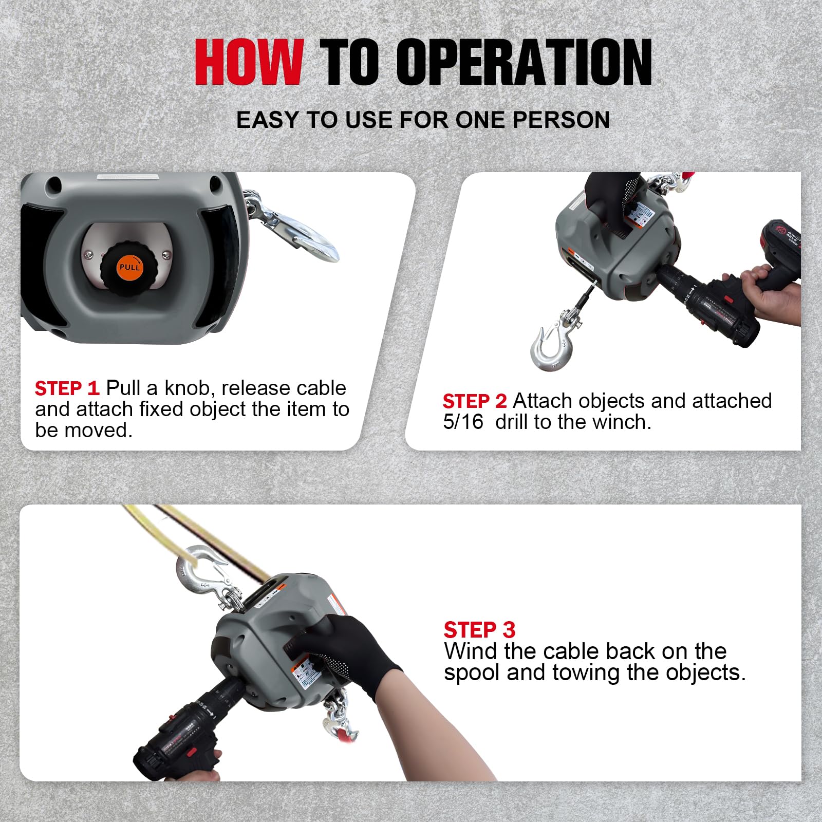 Portable Drill Winch 1000LBS Capacity - Heavy Duty Alloy Steel Wire Rope 40FT - Electric Drill Powered Winch for Lifting, Pulling, Towing & Hauling - Perfect for Trailers, Boats, ATVs & Farm Use (Gray)