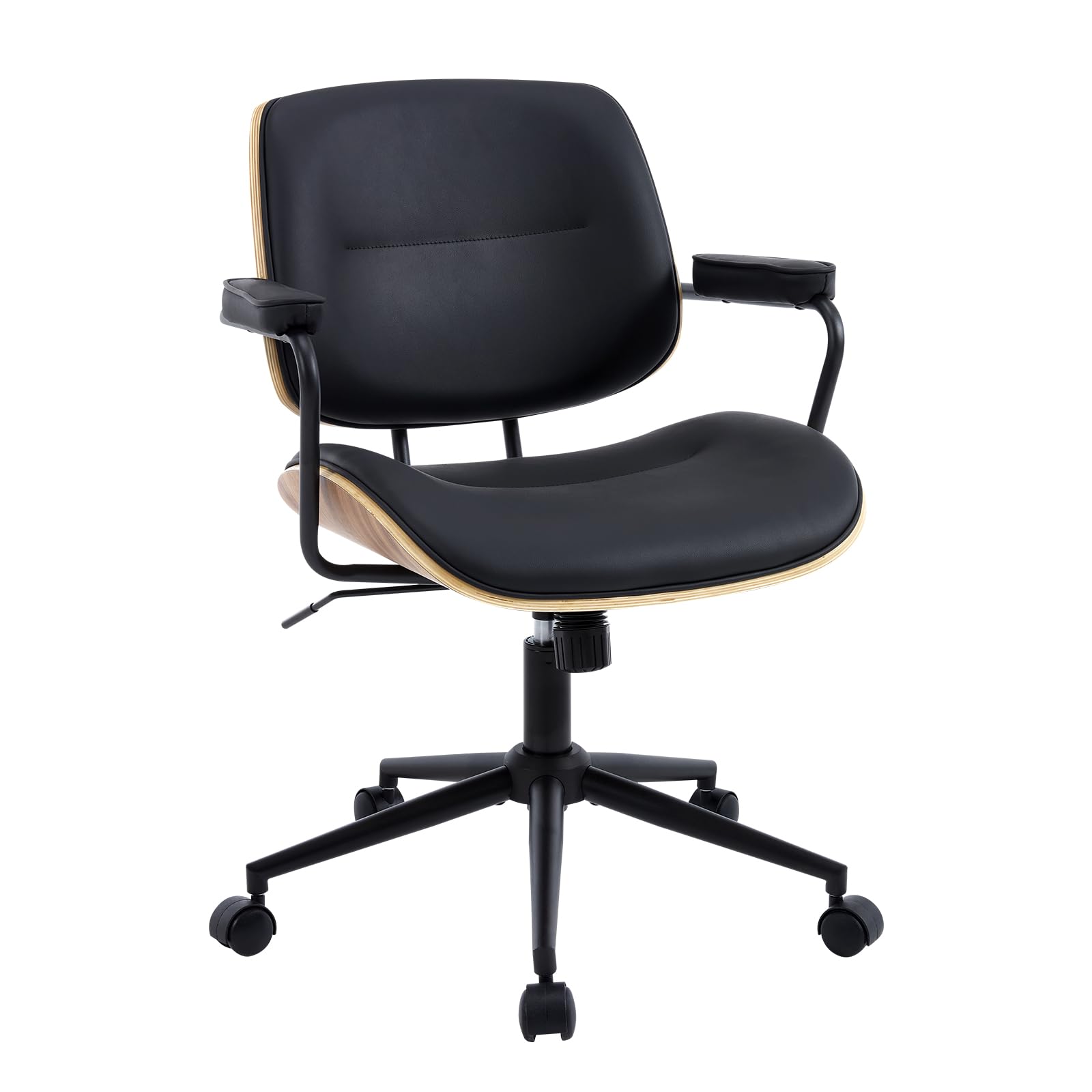 Mid Century Modern Office Chair with Adjustable Height & Armrests - Walnut Back Ergonomic Desk Chair with Wheels for Home Office, Study, Reading Room - Black (Set of 1) | Perfect for Workspaces, Libraries & Cozy Home Offices