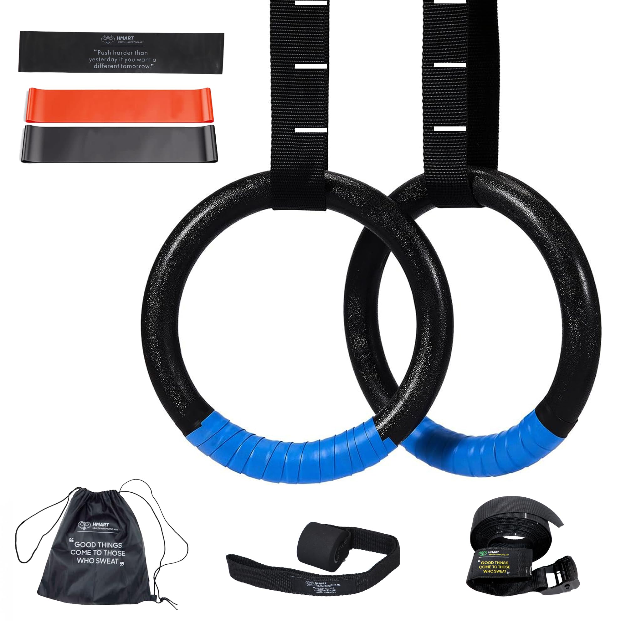 HMART Wooden Gymnastic Rings - 1600lbs Capacity with Loop Bands & 15ft Adjustable Straps - Anti-Slip Sweat-Absorbent Hand Tape - Perfect for Home Gym, Outdoor Workouts, CrossFit Training and Strength Exercises