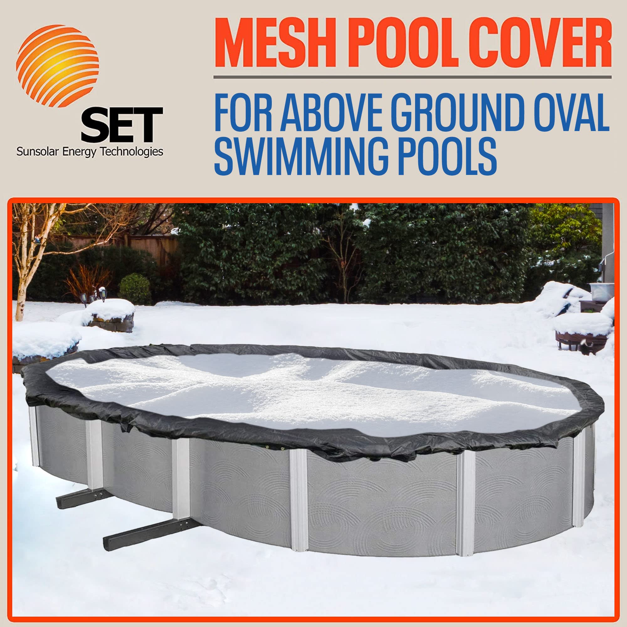 SET SunSolar Energy Technologies - 16x32 Foot Oval Above Ground Winter Pool Cover with Sturdy Cable & Winch - Heavy Duty Mesh Swimming Pool Cover for Winter Protection - 8 Year Warranty - Perfect for Seasonal Pool Storage and Freeze Prevention