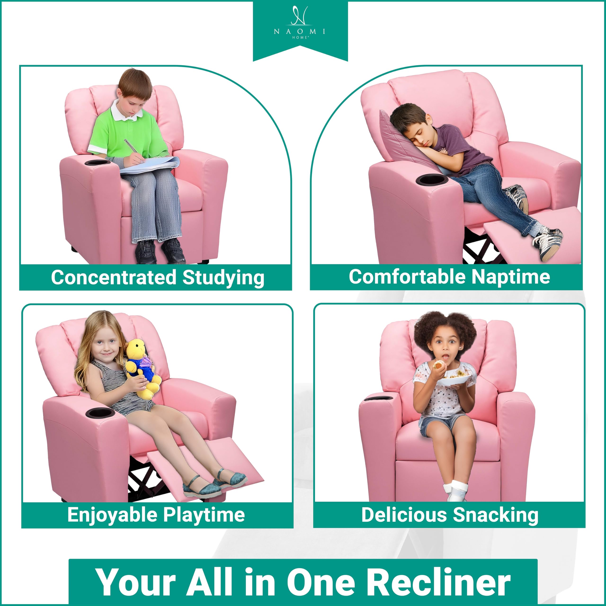 Naomi Home Suri Push Back Kids Recliner Chair with Footrest & Cup Holders - Toddler Recliner for Boys & Girls Ages 3+ (Pink) - Perfect for Playrooms, Bedrooms & TV Time - Durable PVC Kids Furniture for Relaxing & Snacking