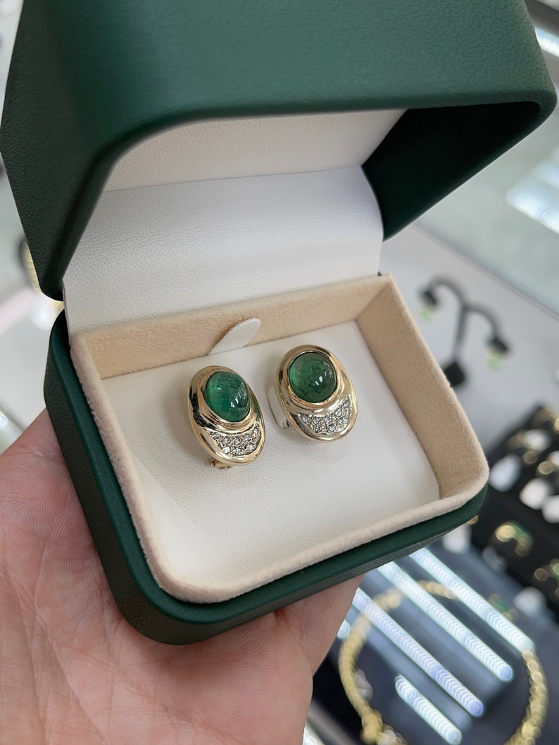 10.14tcw 14K Yellow Gold Emerald Cabochon & Diamond Accent Clip-On Earrings for Women | Luxury Wedding, Party & Evening Wear Jewelry Gift