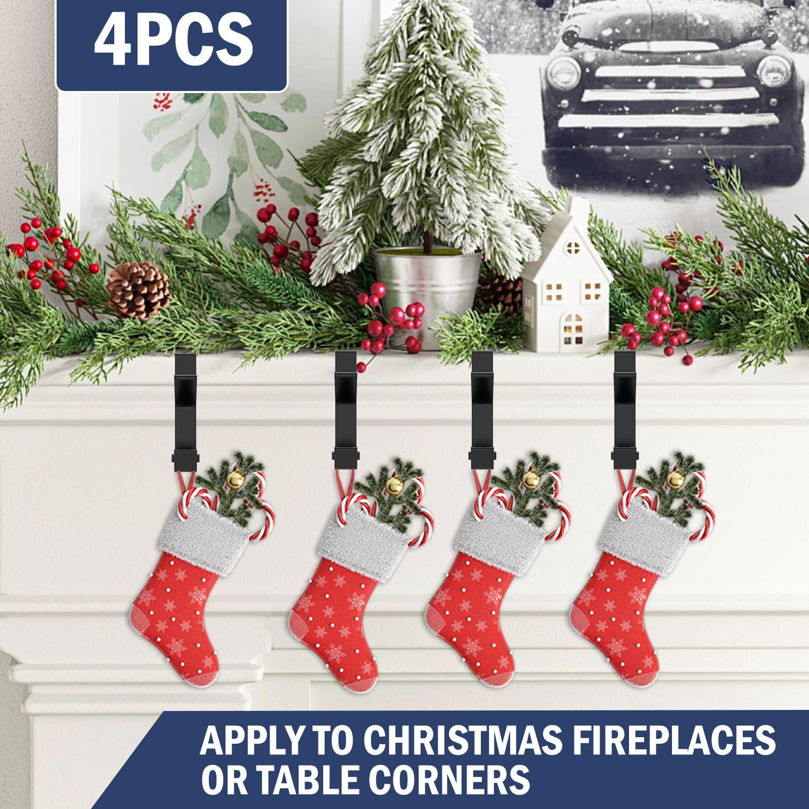4Pcs Heavy Duty Fireplace Stocking & Garland Hangers - Adjustable Brick Hooks (0.3