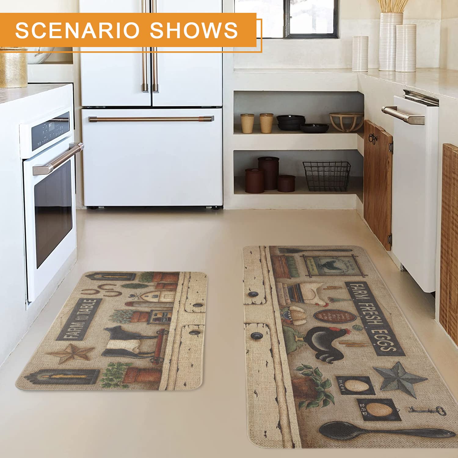 Farmhouse Kitchen Rugs Set of 2 - Non-Slip Washable Rooster Design Kitchen Mats (17x29 & 17x47 Inch) for Farmhouse Decor - Perfect for Country Kitchens, Entryways, and Cozy Home Spaces