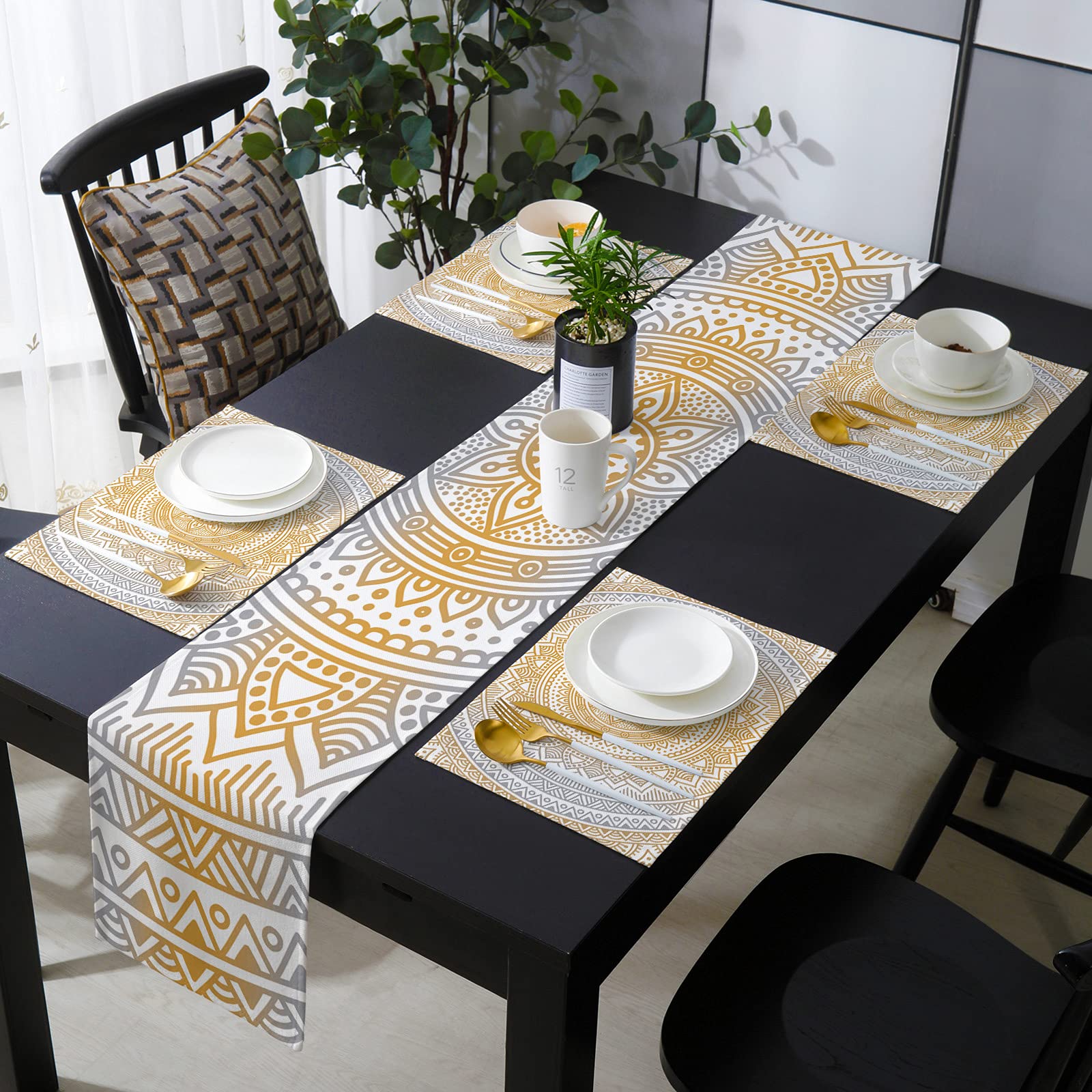 Orange Mandala Pattern Cotton Linen Placemats Set with Matching Table Runner - Heat-Resistant Burlap Dining Table Mats for Kitchen, Parties, Weddings & Home Decor - Perfect for Holiday Dinners and Special Events