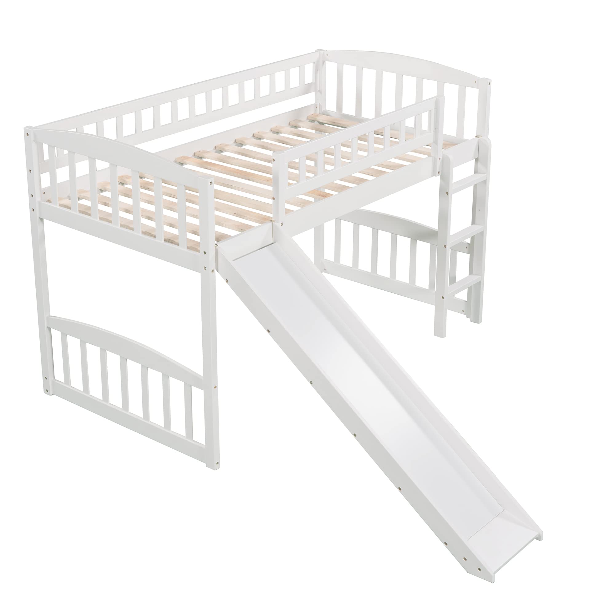 Bellemave Twin Loft Bed with Slide and Ladder - Low Height Wooden Kids Bunk Bed for Boys and Girls in White - Perfect for Small Bedrooms, Playrooms & Sleepovers