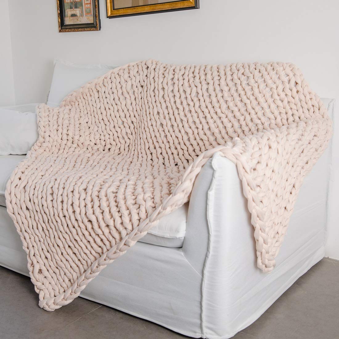 Weighted Blanket for Adults 12.6 lbs - Chunky Knit Heavy Blanket for Anxiety Relief & Better Sleep - Handmade Home Decor Beige Throw 40x59 Inches - Perfect for Bedroom, Couch & Stress Relief