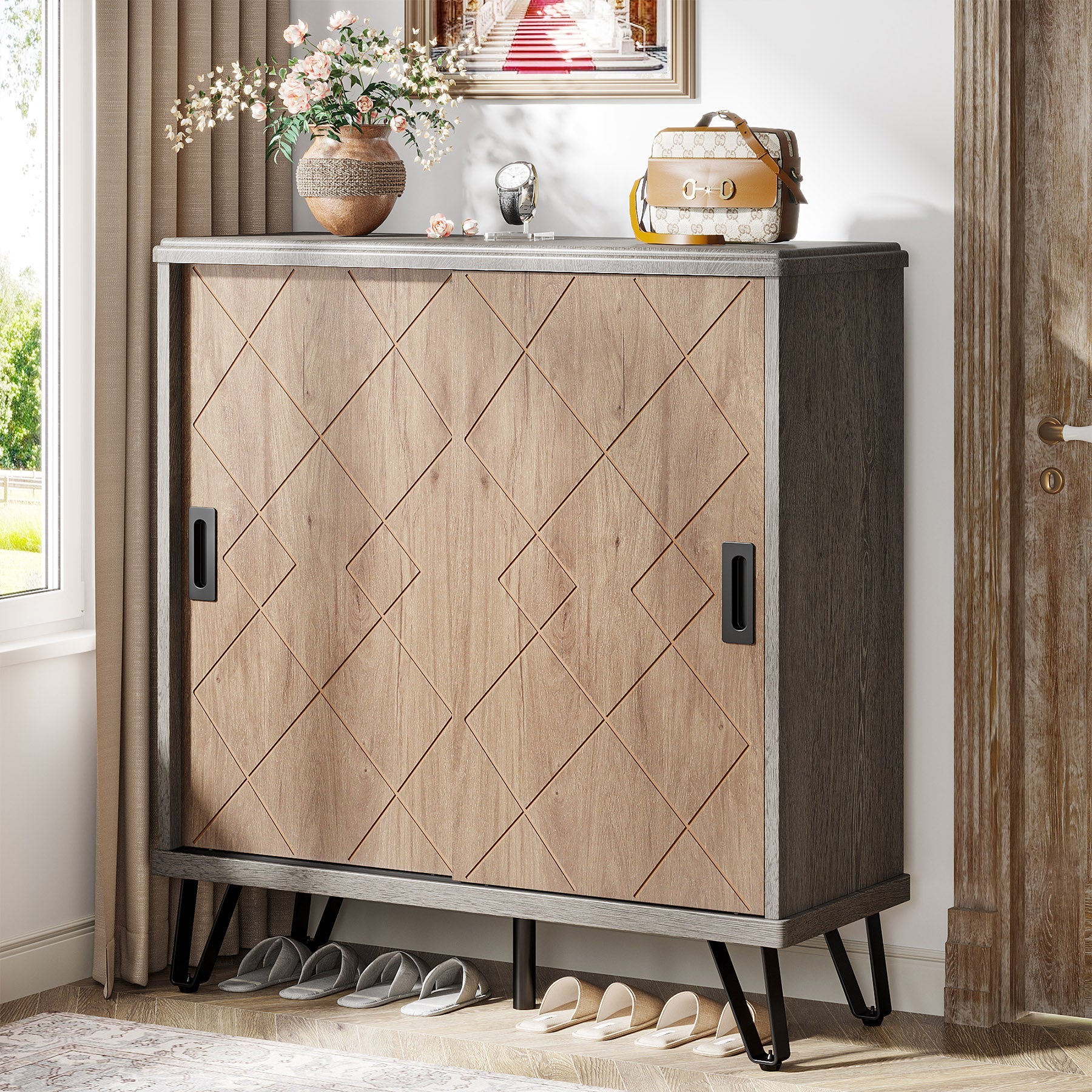 5 Tier Shoe Cabinet with Sliding Doors - Wooden Shoe Organizer with Sturdy Metal Legs for Entryway, Closet & Bedroom Storage Solution