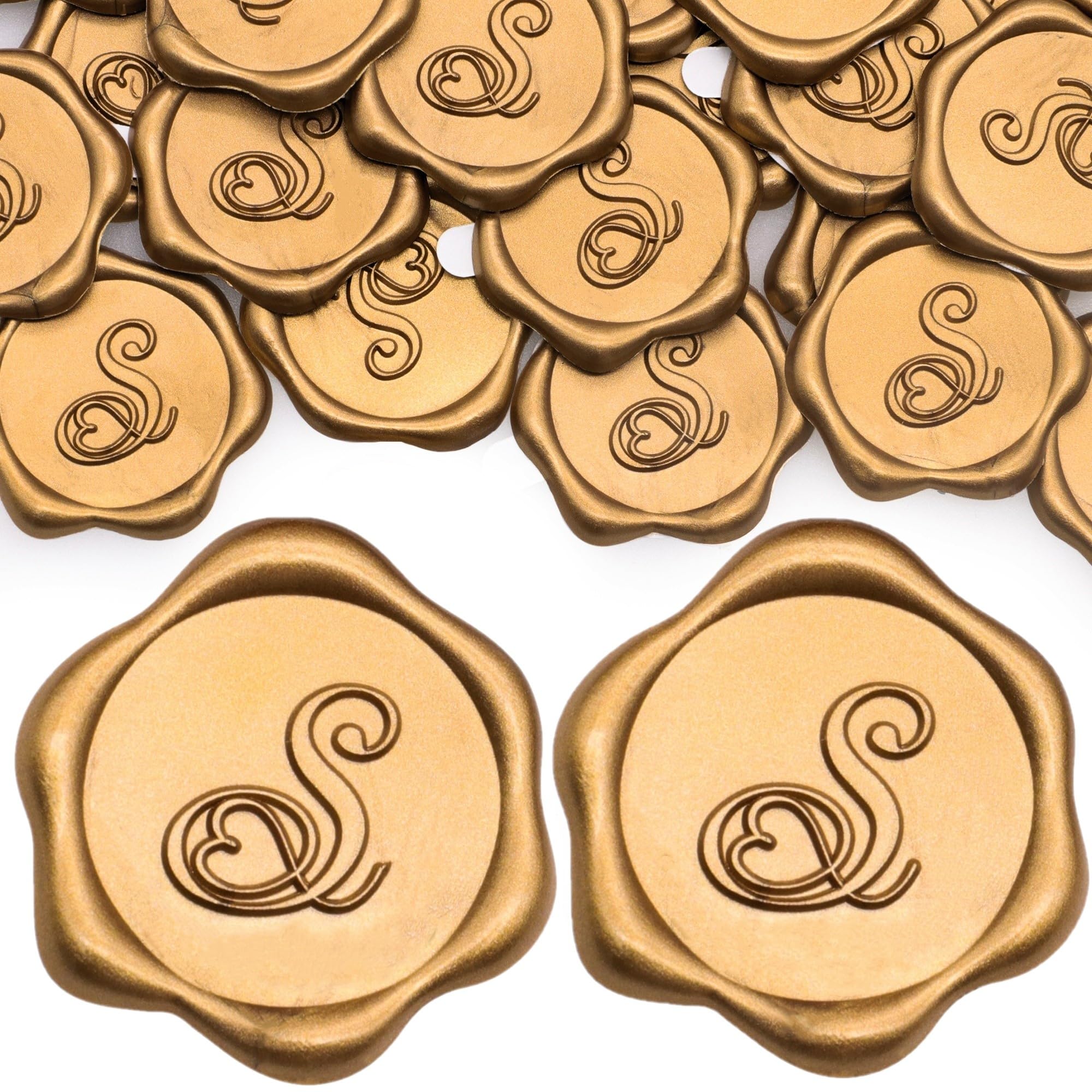 SWANGSA 50 Pack Letter S Wax Seal Stickers - Antique Gold Heart Design Initial Adhesive Seals for Wedding Invitations, Party Envelopes & DIY Crafts - Elegant Vintage Wax Seals for Letters, Scrapbooking & Gift Wrapping