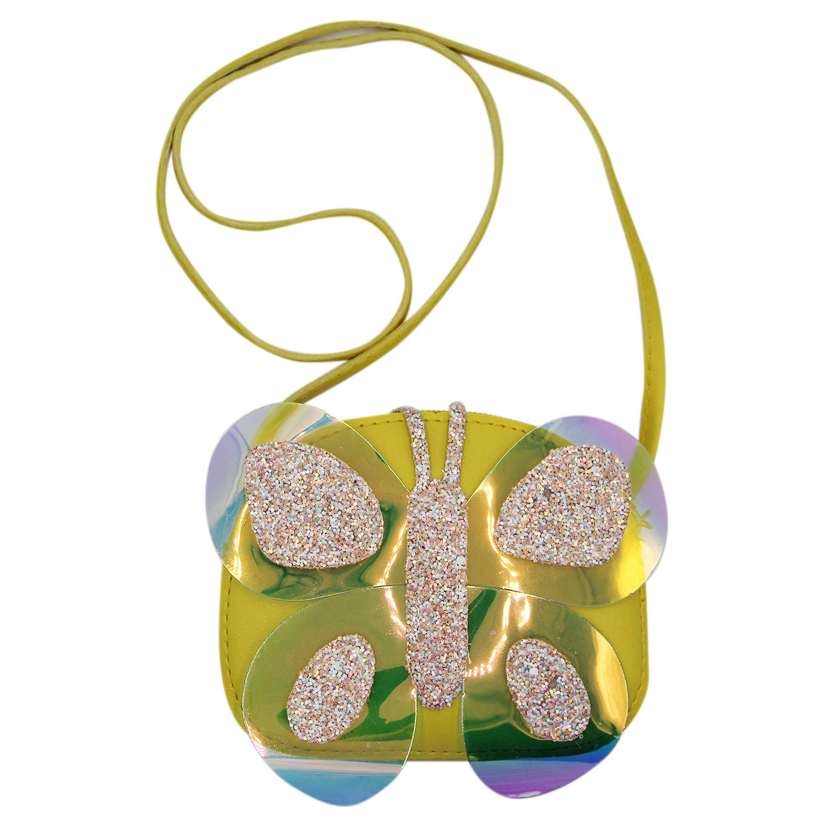 Women's Small PU Leather Crossbody Bag with Glitter Butterfly Wings - Mini Coin Purse Wallet for Women - Fashionable Yellow Shoulder Bag for Parties, Travel & Daily Use