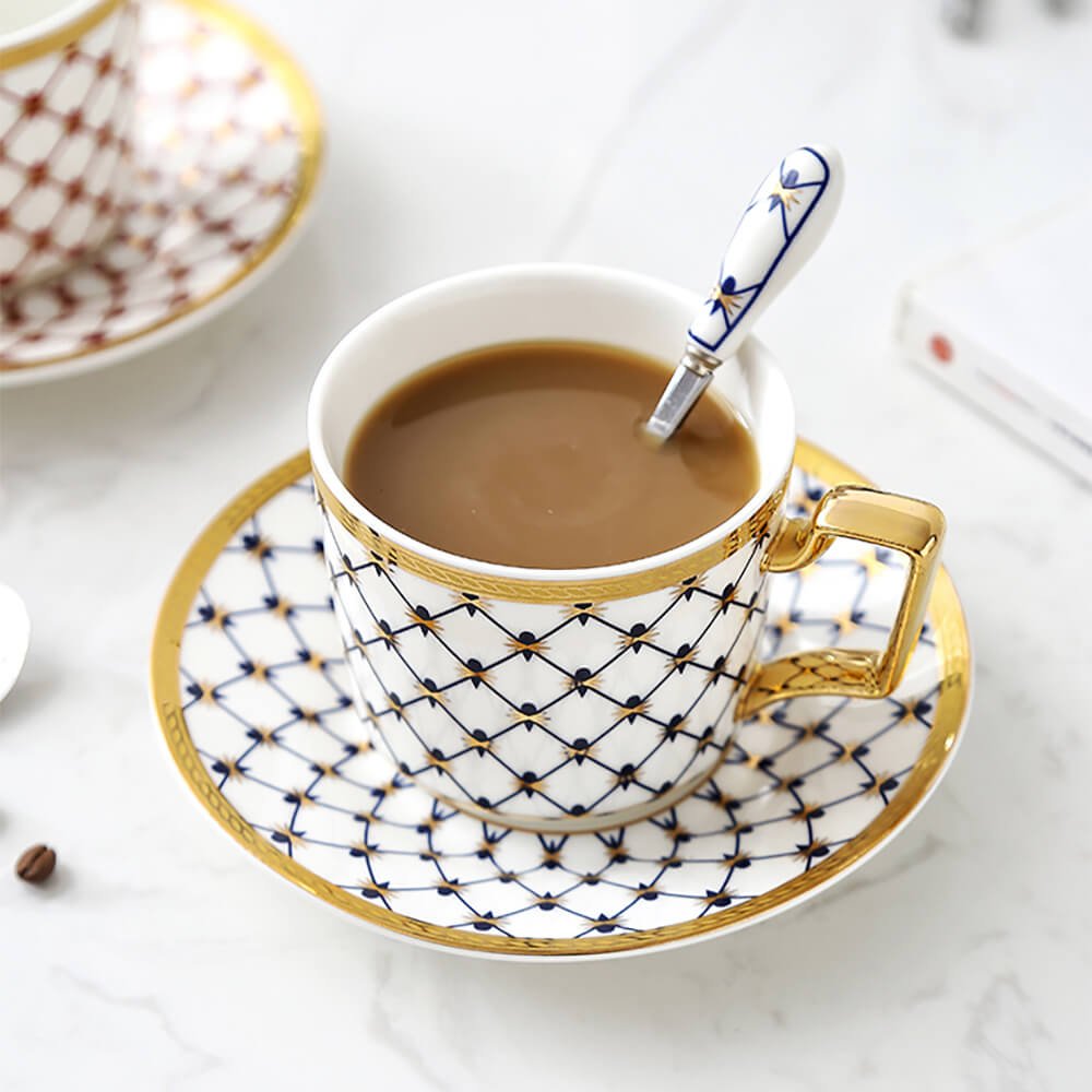Premium Blue Porcelain Tea Cups and Saucers Set - Elegant Tea Drinking Experience for Afternoon Tea, Gifts, and Home Decor