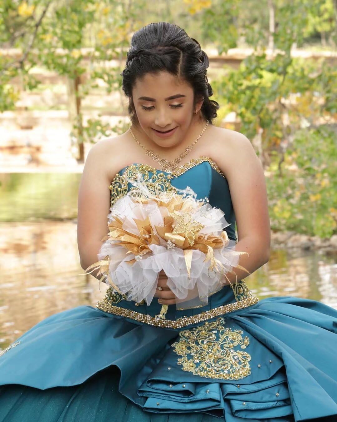 Gold Embroidered Beaded Quinceanera Dresses for Damas | Plus Size Ball Gown Prom Sweet 16 Dress for Women 2025 | Perfect for Quinceañeras, Proms, and Formal Events