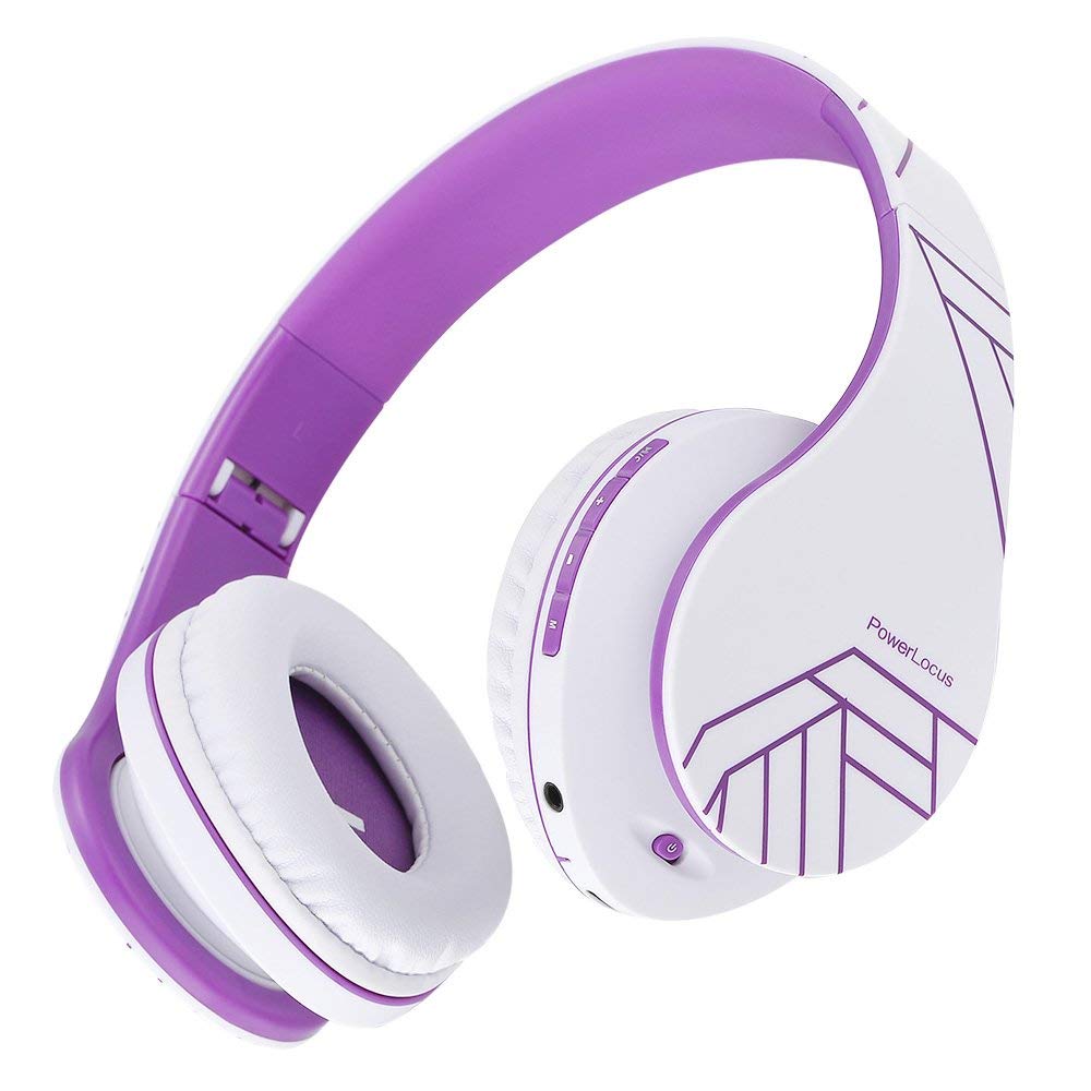 PowerLocus Bluetooth Over-Ear Headphones - Wireless & Wired Stereo Headset with Built-in Mic, Foldable Design, Micro SD/TF & FM Radio - Compatible with iPhone, Samsung, iPad, PC (White/Violet) - Perfect for Travel, Workouts & Home Entertainment