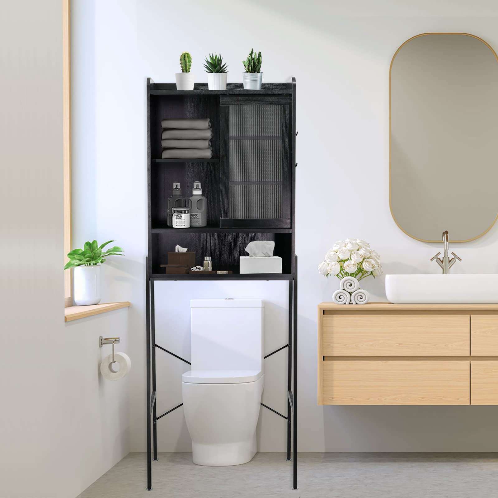 Over Toilet Storage Cabinet - Freestanding Bathroom Organizer with Adjustable Shelves & Acrylic Sliding Door | Space Saving Metal Frame Shelf for Towels, Toiletries & Bathroom Essentials | Perfect for Small Bathrooms, Apartments & Powder Rooms