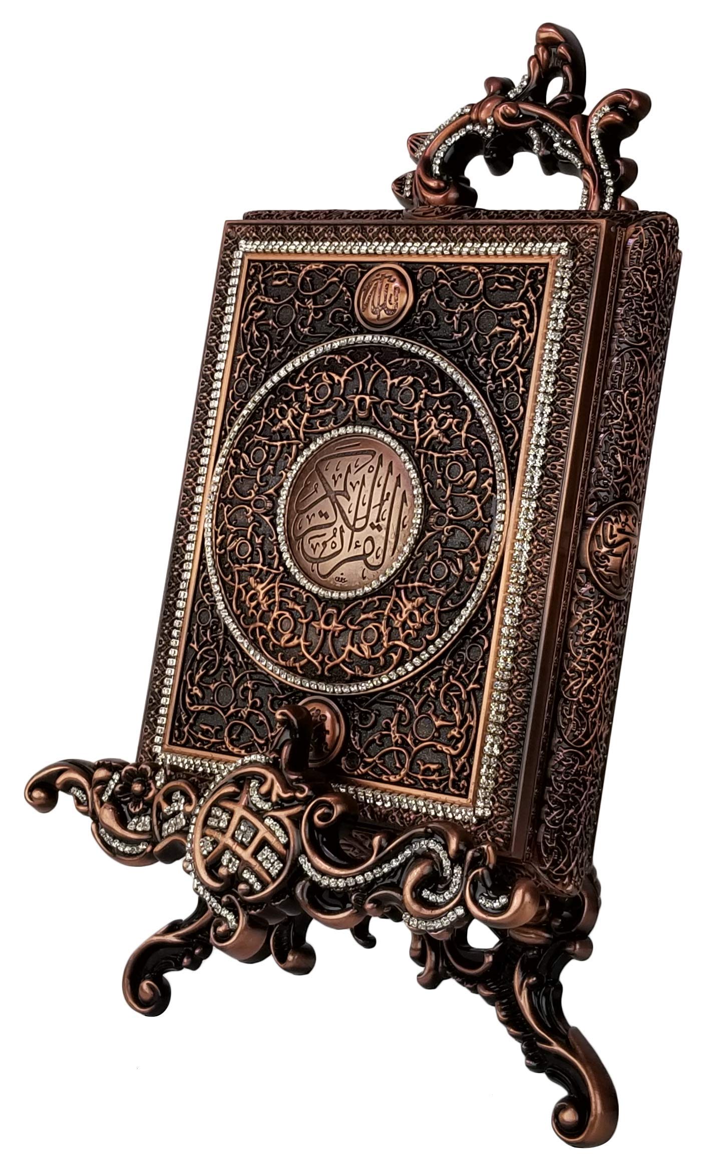 Islamic Muslim Bronze Metal Quran Box with Stand & Rhinestone - Elegant Home Decor for Prayer, Gift, and Religious Ceremonies