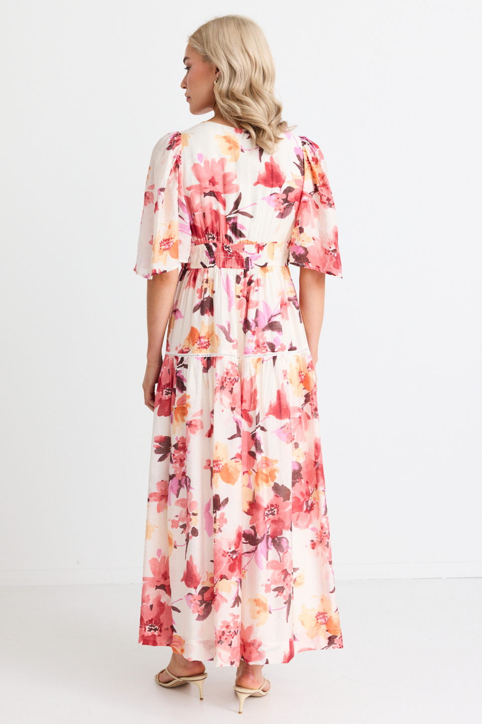 Vintage Floral Flutter Sleeve Tiered Maxi Dress in Blush - Elegant Boho Summer Dress for Beach Wedding, Garden Party & Vacation Outfits