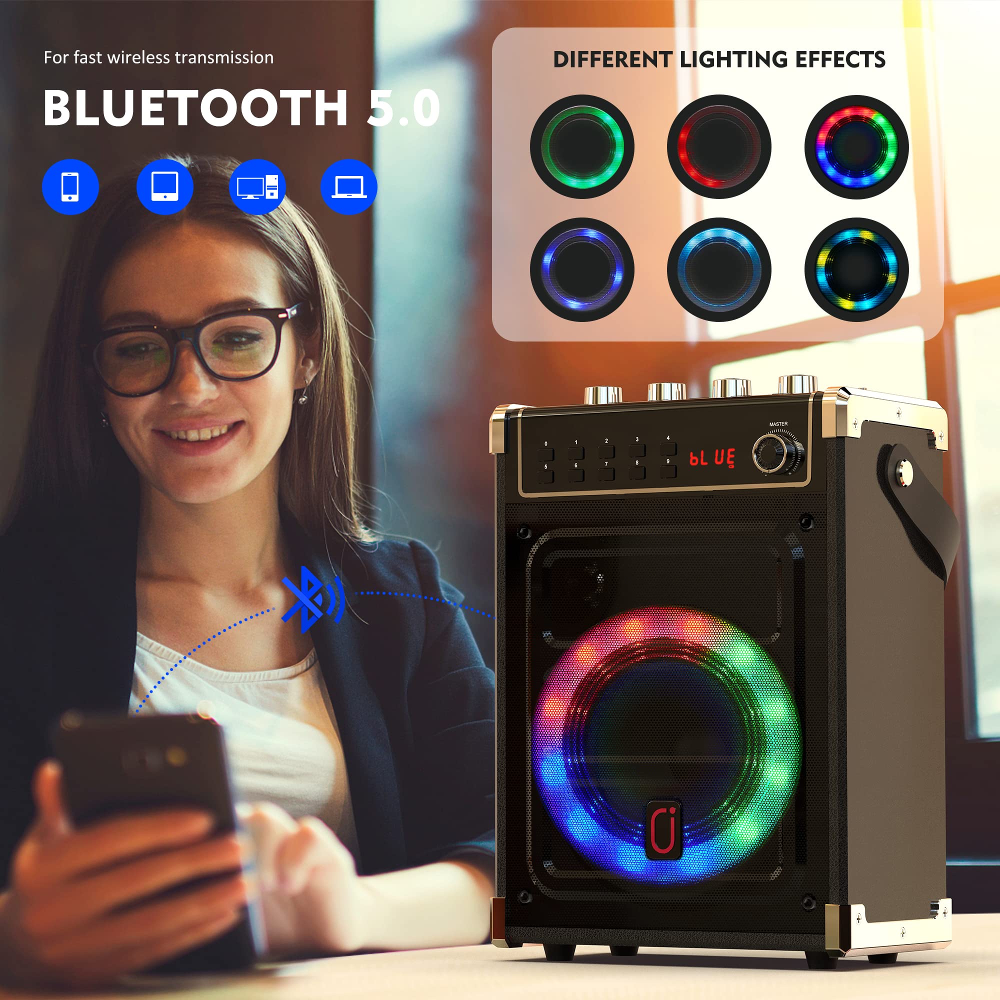 JYX Portable Karaoke Machine with 2 Wireless Microphones - Bluetooth Speaker with Bass/Treble Control, LED Lights, TWS, AUX, FM Radio & Recording - PA System with Remote Control for Home Parties, Family Gatherings & Kids Entertainment