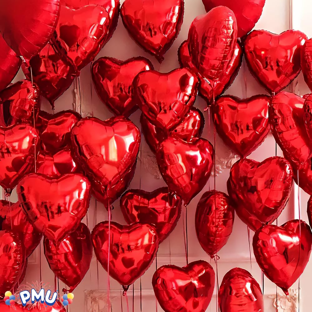 Valentine's Day Red Heart Shaped 18 Inch Mylar Foil Balloons - Pack of 100 for Party Decorations, Wedding Decor & Romantic Events