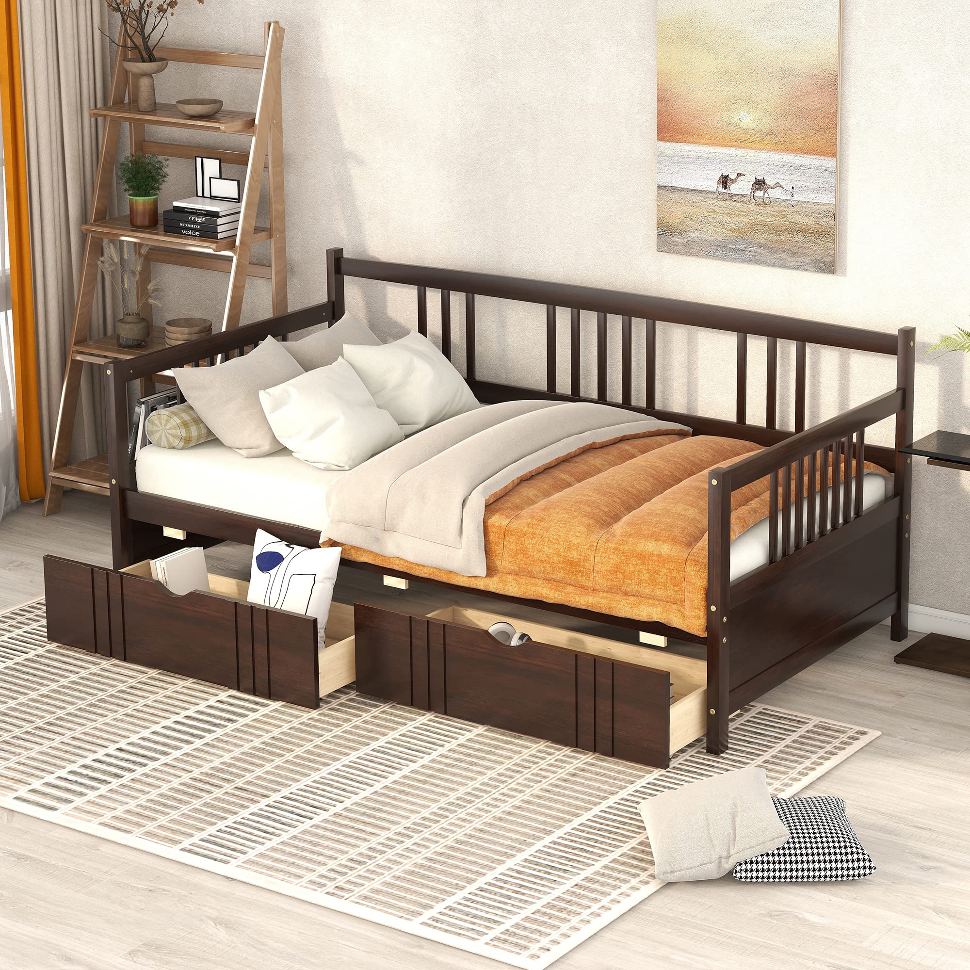 MERITLINE Twin Size Wood Daybed with Storage Drawers - Convertible Sofa Bed for Teens & Adults - Espresso Finish - Perfect for Small Bedrooms, Guest Rooms & Dorm Rooms