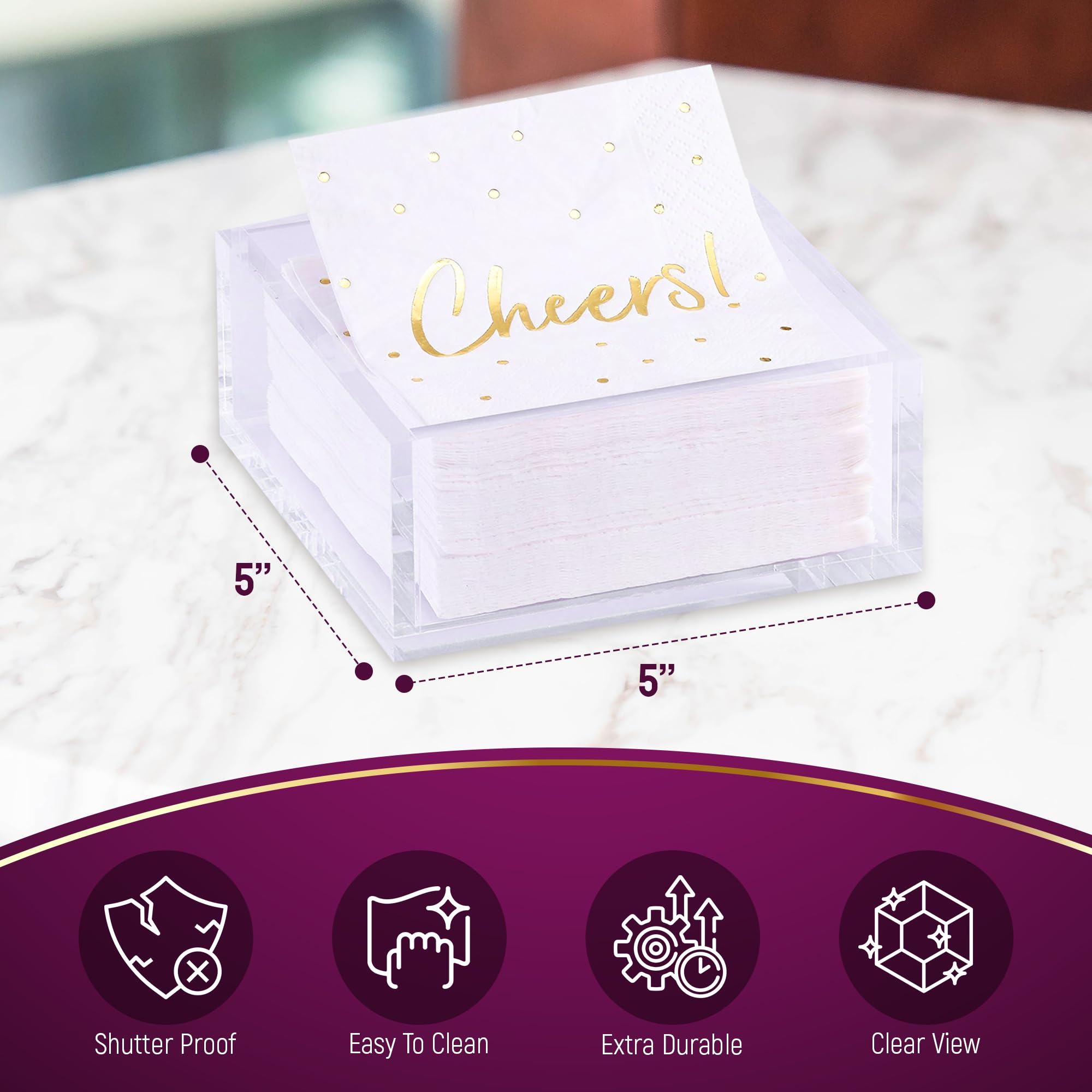 Premium 5x5 Inch Heavy Duty Acrylic Cocktail Napkin Holder with 20 Gold Embossed 'Cheers' Napkins - Elegant Party & Event Accessory for Weddings, Bars, and Home Entertaining