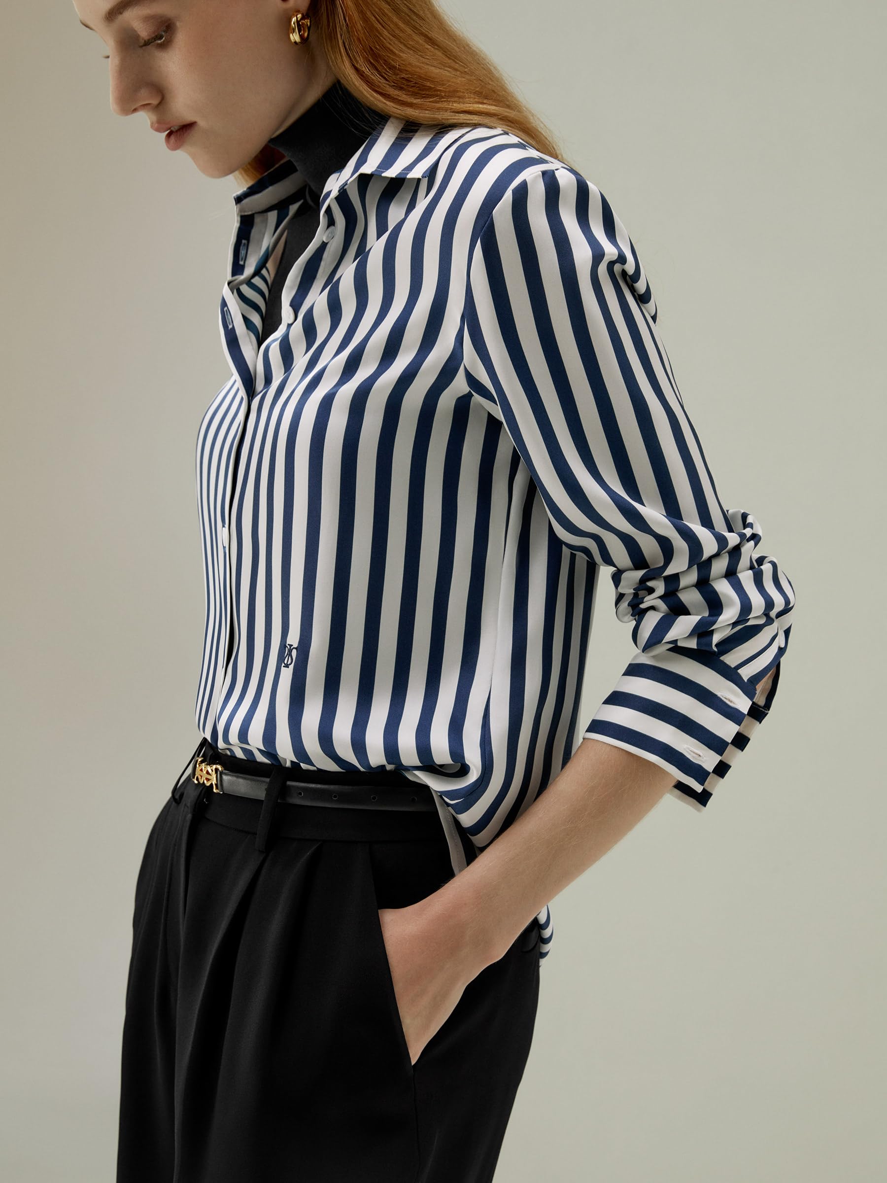 LilySilk Women's 100% Pure Silk Blouse - V-Neck Long Sleeve Blue & White Pinstripe Shirt for Work, Office, and Casual Wear | All-Season Comfort & Elegance | Perfect for Business Meetings, Date Nights, and Professional Outfits