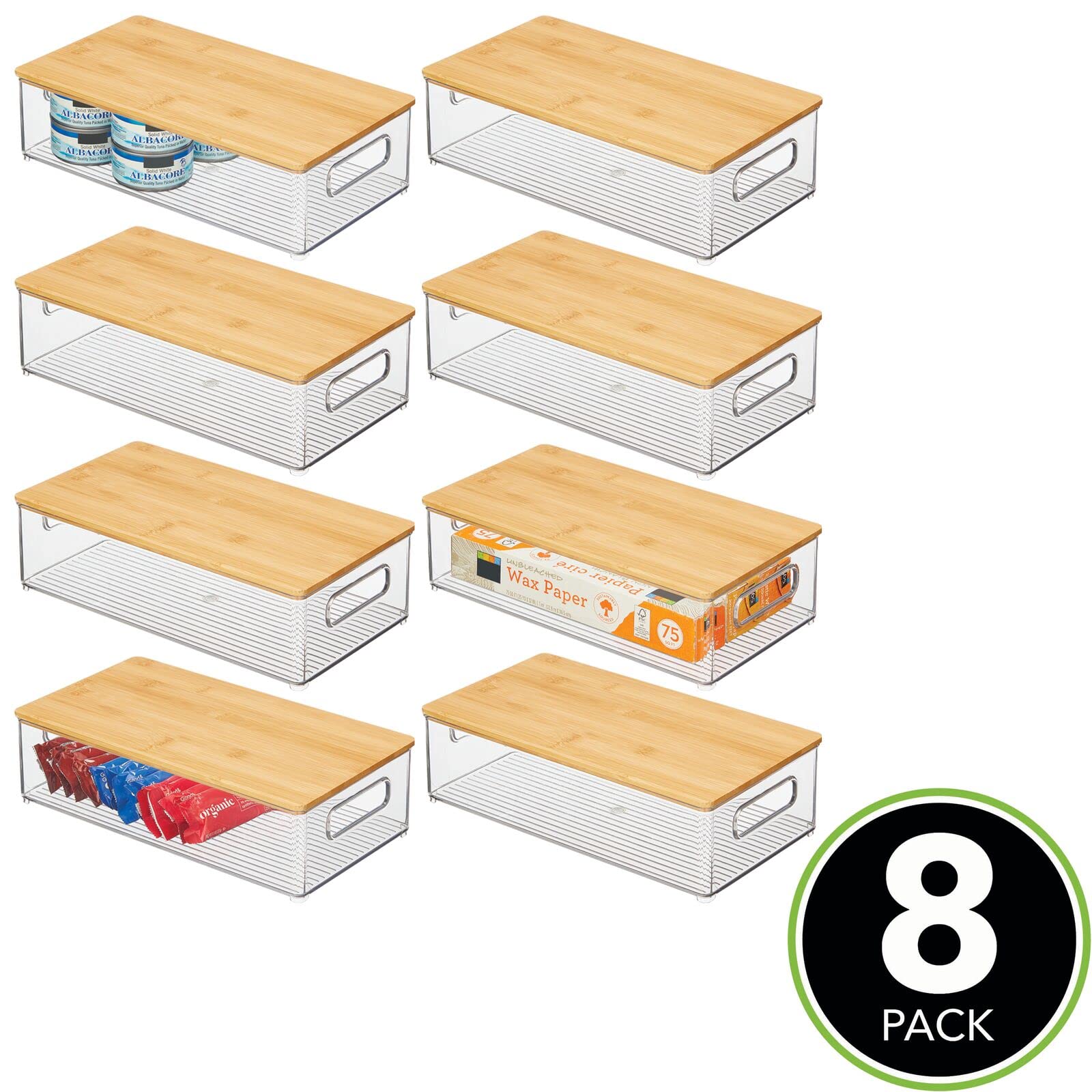 mDesign Plastic Stackable Kitchen Pantry Cabinet Organizer - 8-Pack Clear/Natural Food Storage Bins with Built-In Handles & Bamboo Lids - Perfect for Fruits, Jars, Snacks, Pasta Organization - Ideal for Pantry, Kitchen Countertop, and Cabinet Storage Solutions