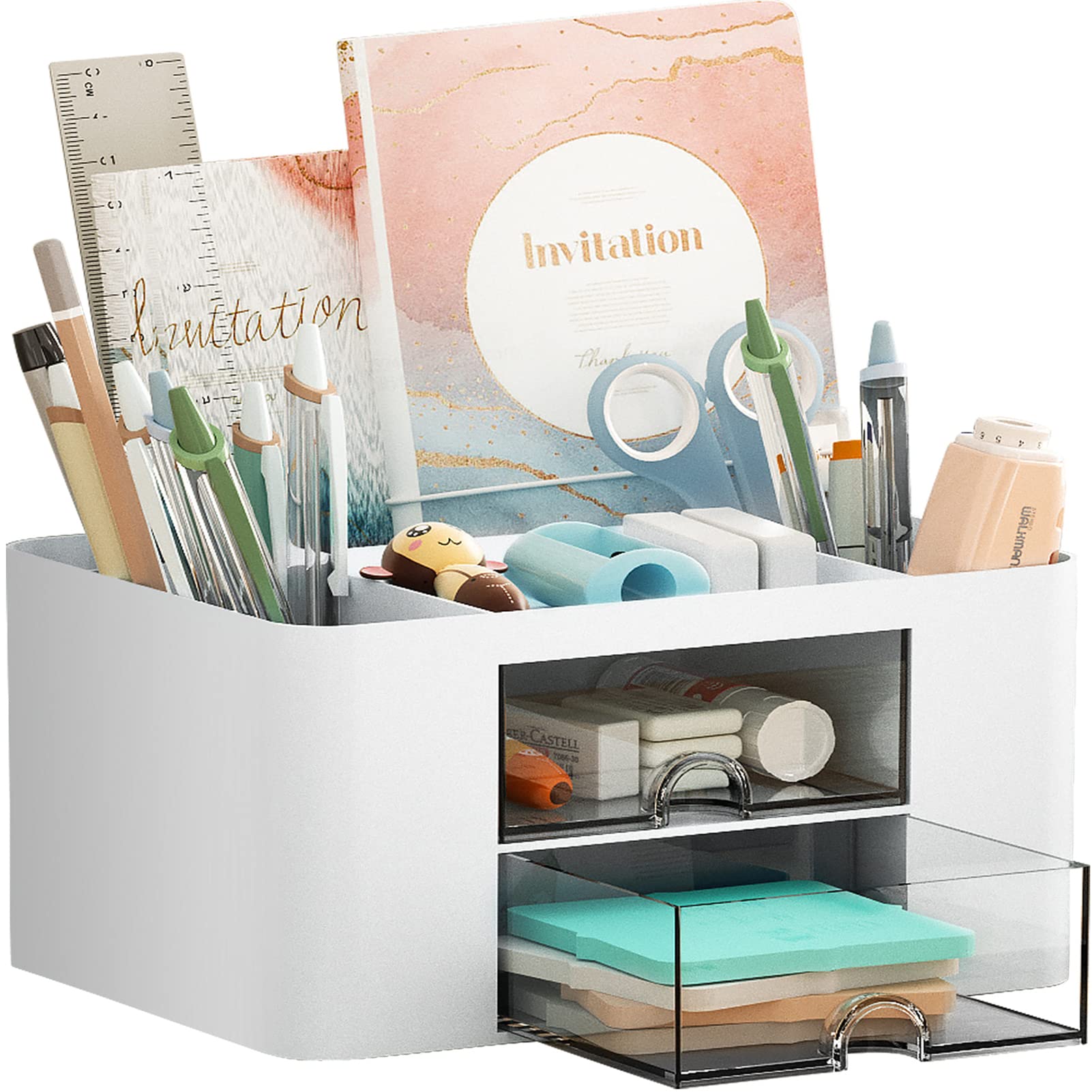 Marbrasse 2-Drawer Pen Organizer - Multi-Functional Desk Pencil Holder with 5 Compartments for Office & Art Supplies (White) | Perfect for Home Office, School, and Craft Room Organization