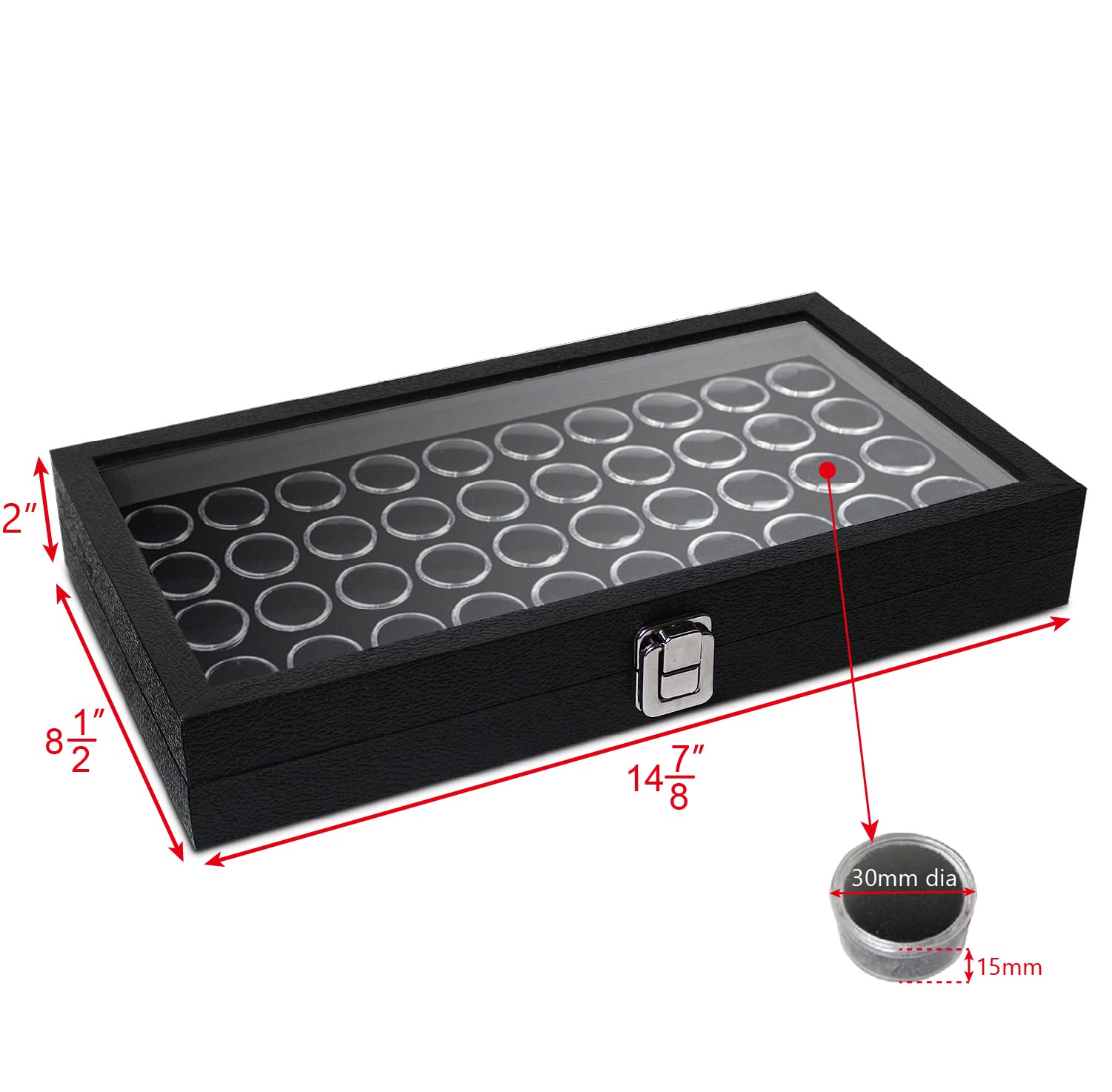MOOCA Black Glass Top Jewelry Display Case with 50 Gem Jars - Ring Organizer Box, Necklace & Earring Storage Tray - Perfect for Jewelry Shops, Home Display & Gift Packaging