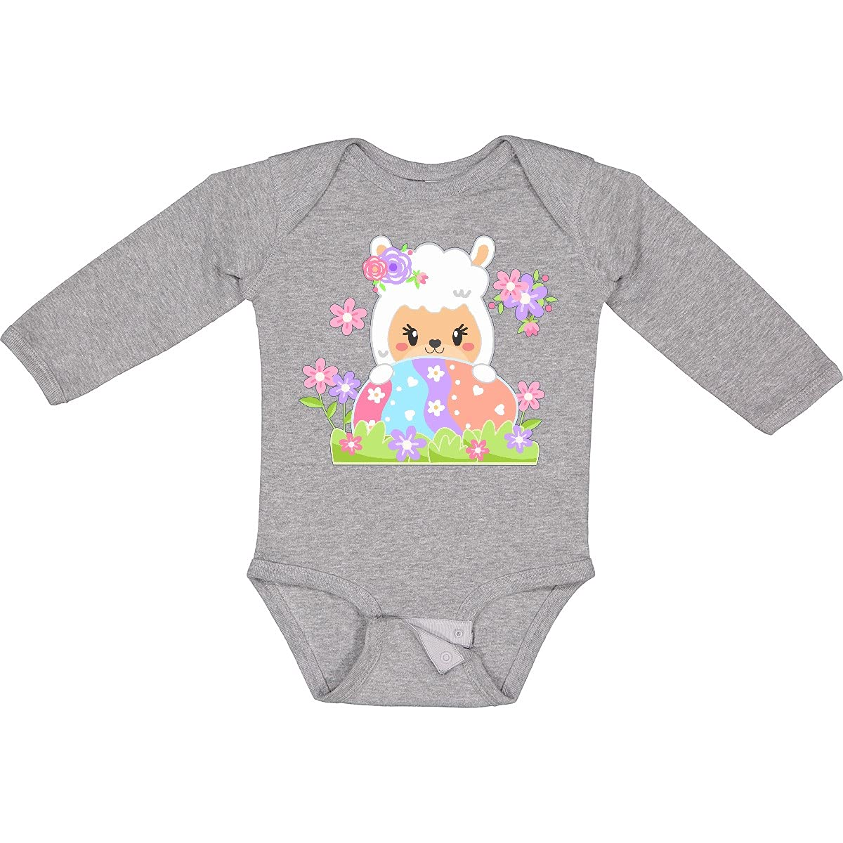 Inktastic Cute Easter Llama with Spring Flowers and Egg Long Sleeve Baby Bodysuit - Perfect for Easter Photos, Spring Celebrations & Baby Shower Gifts