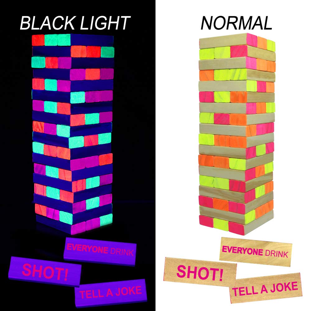 Glow in the Dark Drinking Jenga Game for Adults - 54 Black Light Reactive Blocks with Fun Drinking Challenges | Perfect for Night Parties, Bachelorette & Bachelor Events, College Gatherings & Bar Games