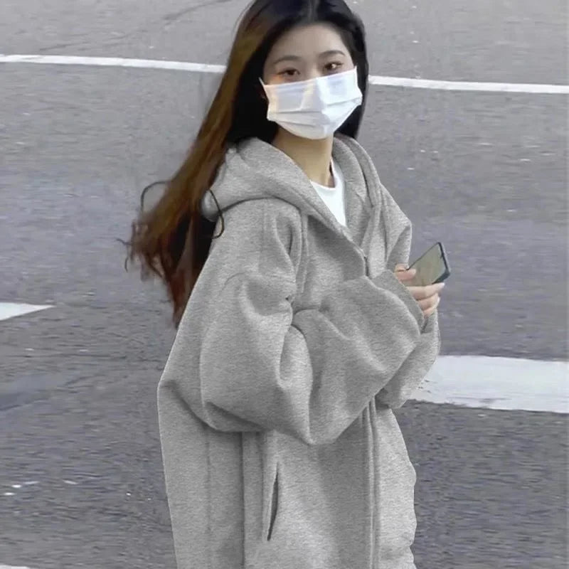 2023 Women's Black Hooded Sweatshirt - Loose Fit Fleece Lined Casual Top | Korean Style Jacket for Spring & Autumn | Perfect for Streetwear, Layering & Everyday Fashion