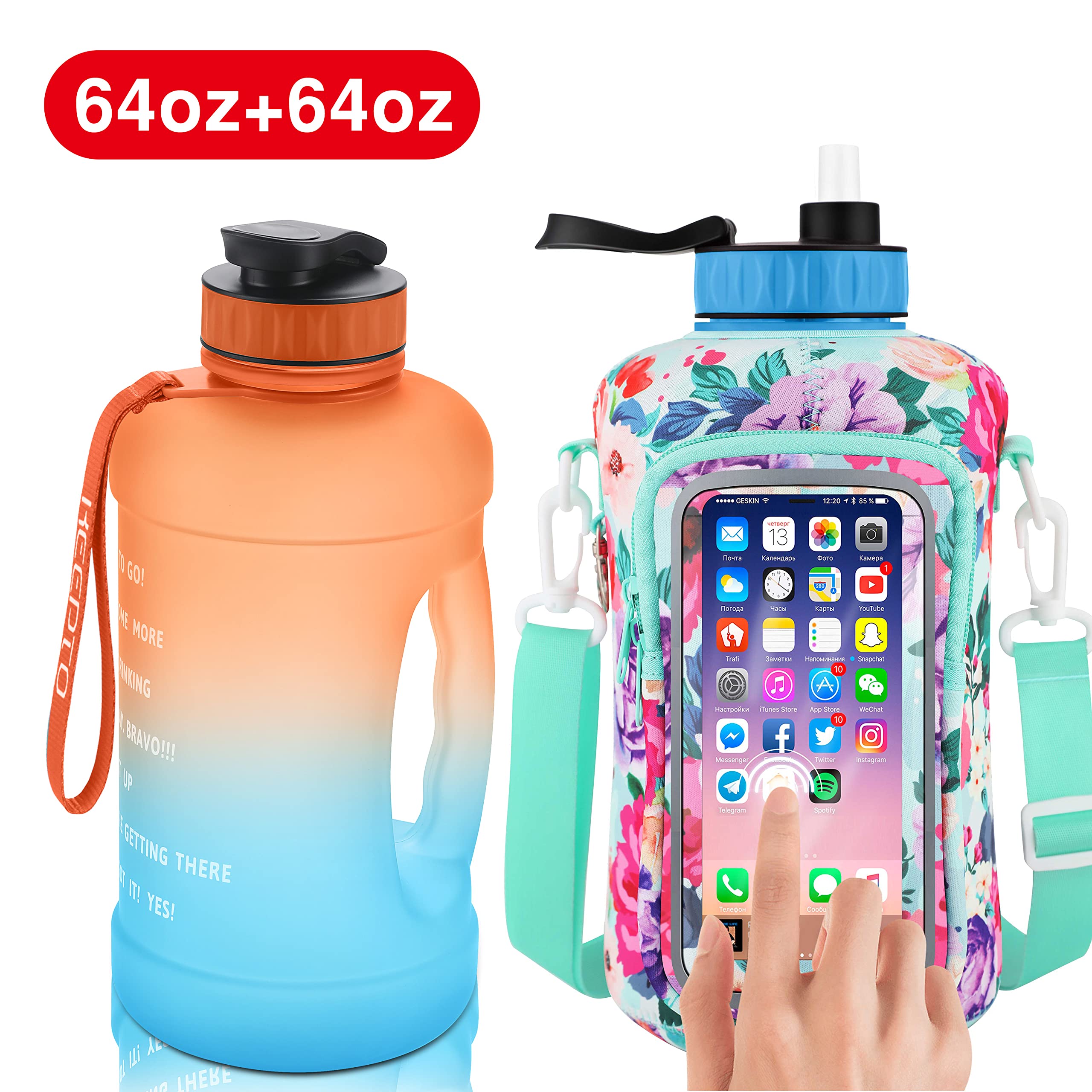 KEEPTO 64oz Half Gallon Motivational Water Bottle with Straw & Sleeve - Ideal for Gym, Hiking, and Daily Hydration