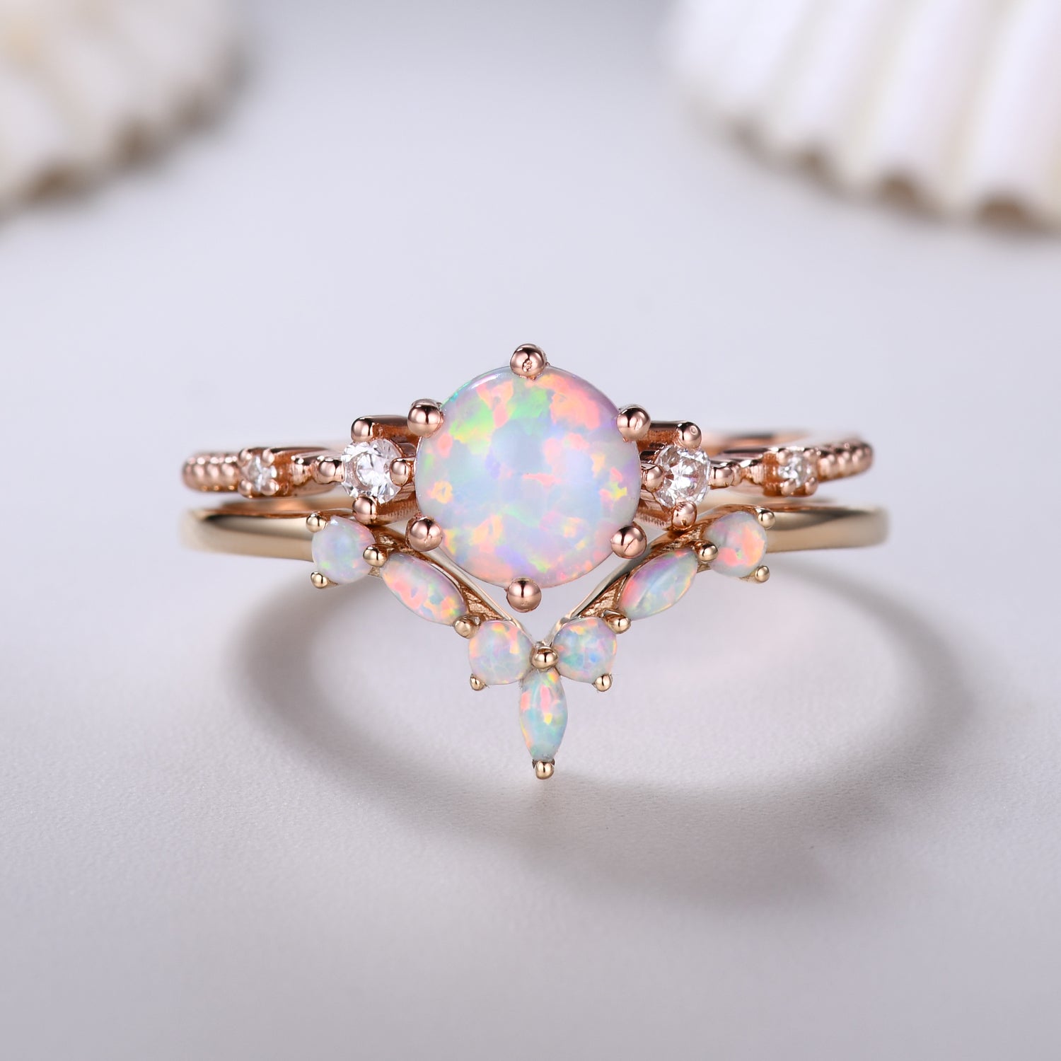 14K Solid Gold Round Opal Bridal Ring Set - Curved Wedding Band for Women, Anniversary Gift, Engagement Jewelry - Perfect for Weddings, Proposals & Special Occasions