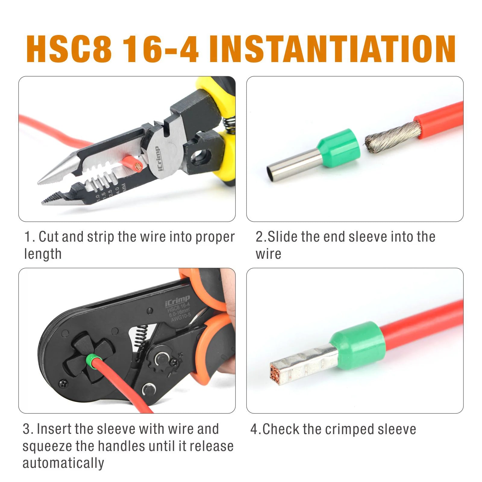 HSC8 16 4 Square Self-Adjusting Ferrule Crimper Tool for AWG10-5 Bootlace Ferrules - Perfect for Electrical Wiring, DIY Projects, and Professional Installations