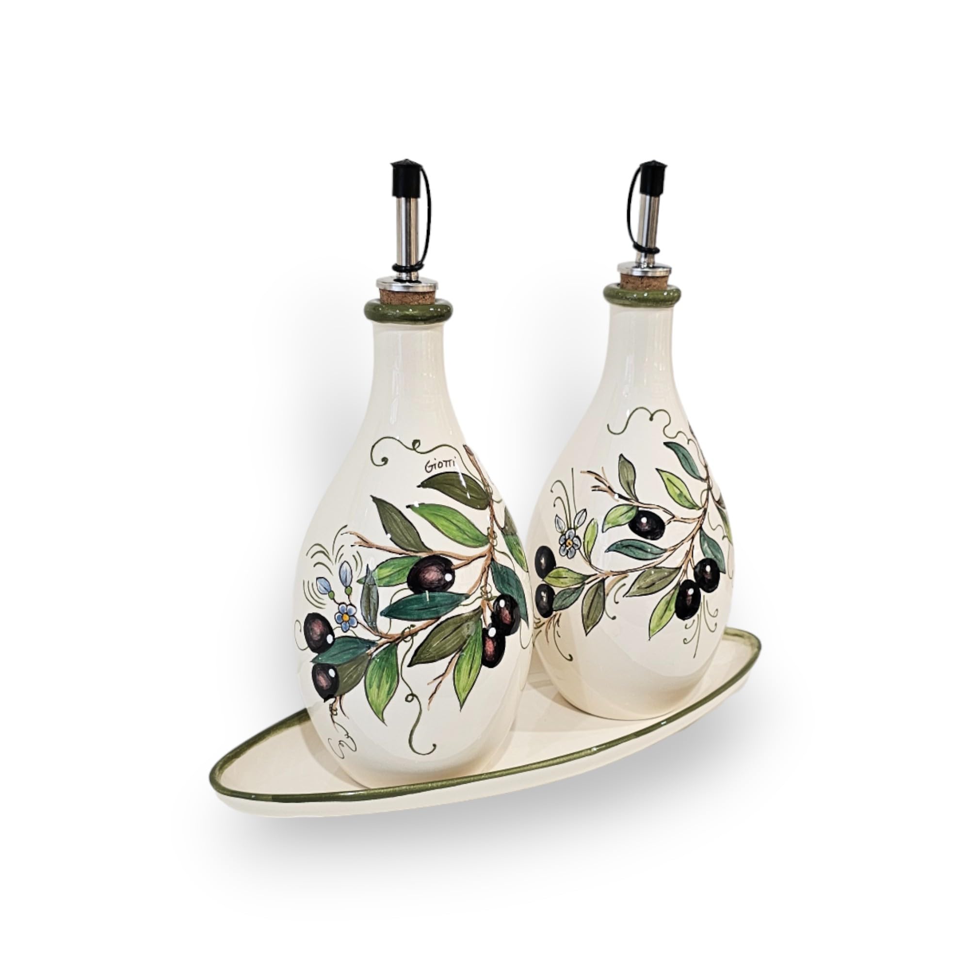 Italian Ceramic Oil and Vinegar Dispenser Set - 7 oz Hand-Painted Olive Design Kitchen Decor - Made in Tuscany, Italy - Elegant Pottery Bottles for Olive Oil & Balsamic - Perfect for Dining Tables, Countertops & Gift Giving